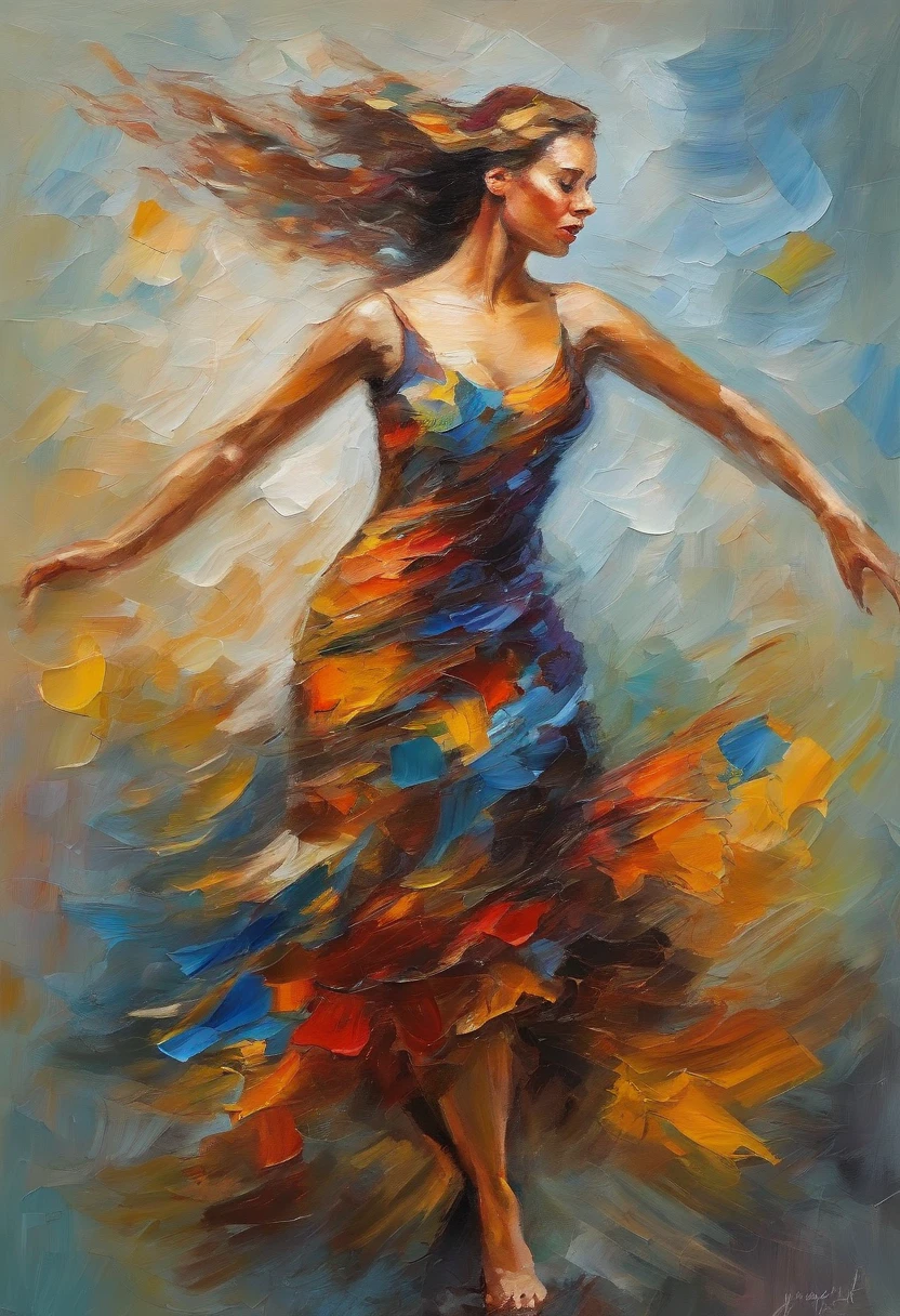 A contemporary female dancer fluidly moving through a series of expressive poses. Amazing oil painting. Impasto. Van Gogh brush strokes