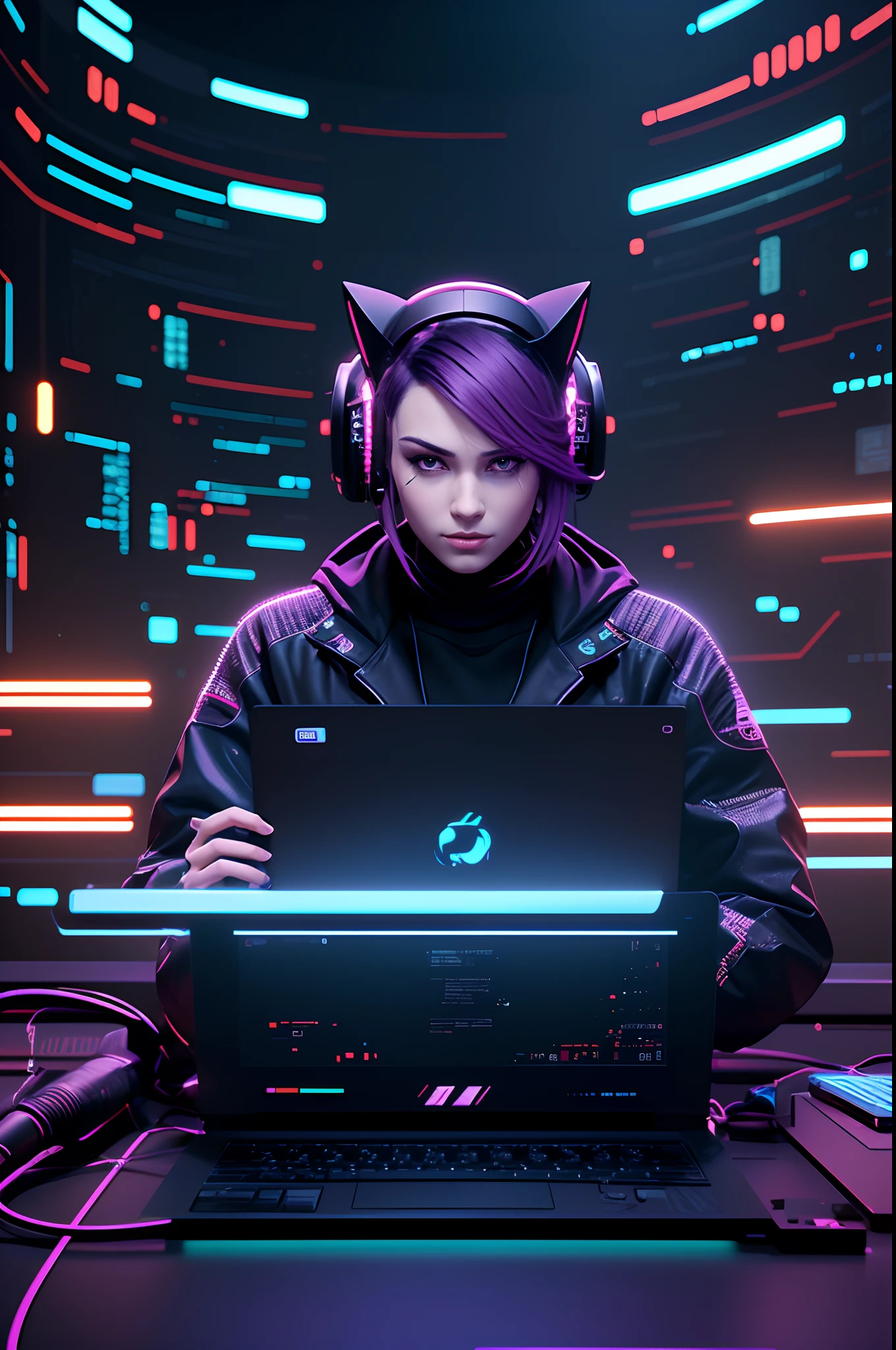 Hacker gato abstrato trabalhando no laptop, Cyberpunk history of technology,cinemactic,Generative AI illustration, epics, luzes de neon roxo, imagem ultra realista, arte detalhada, 8k