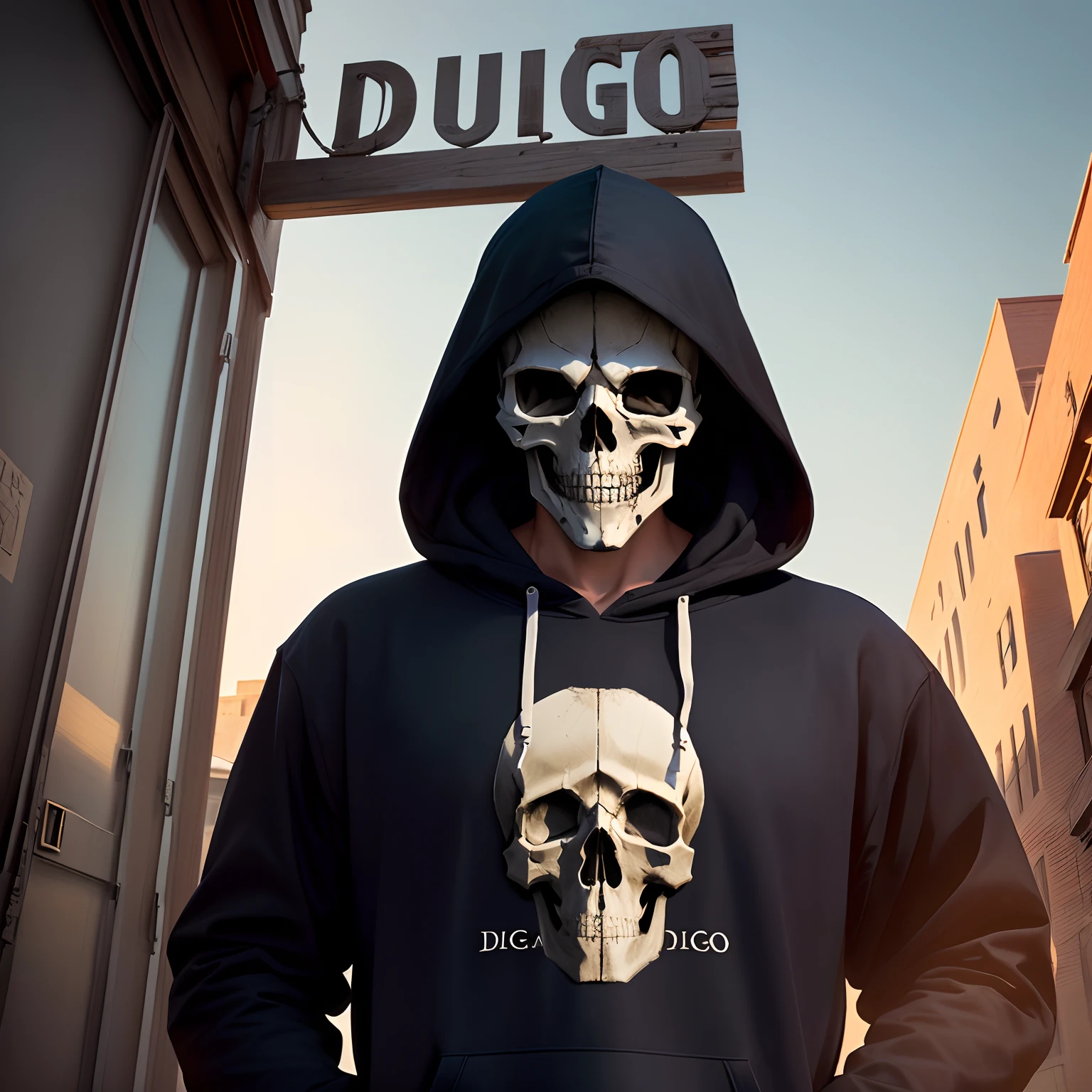 a man with a skull face wearing a hood, with the name "Diego" written on the front of the sweatshirt