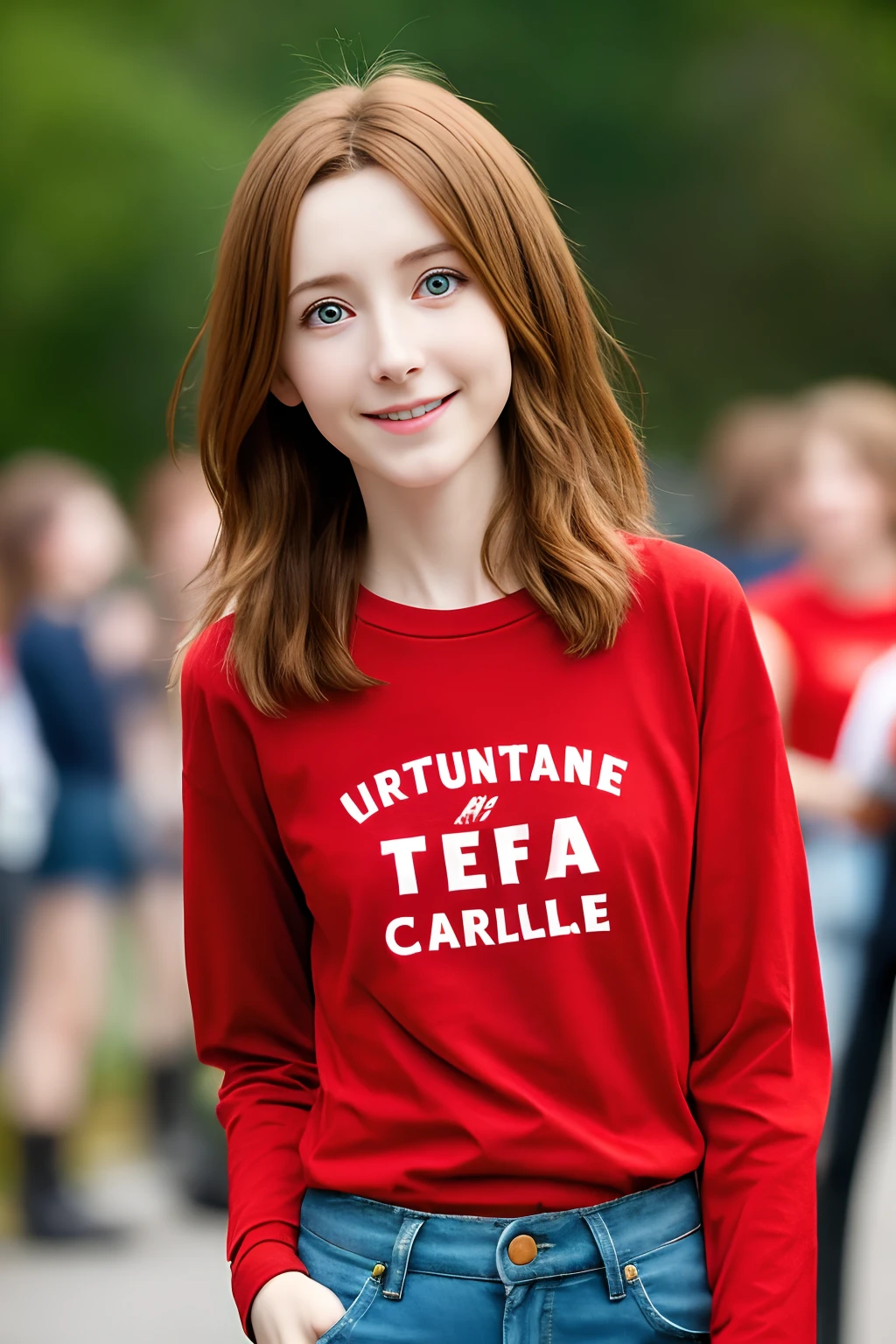 best quality ,very skinny , long hair ,   girl Caucasian max caulfield   ,large eyes  ,blurry,  , brown hair   , happy ,  , soft skin, , expressive eyes ,
 , , long sleeve red  t-shirt,  short pants , at the mountain