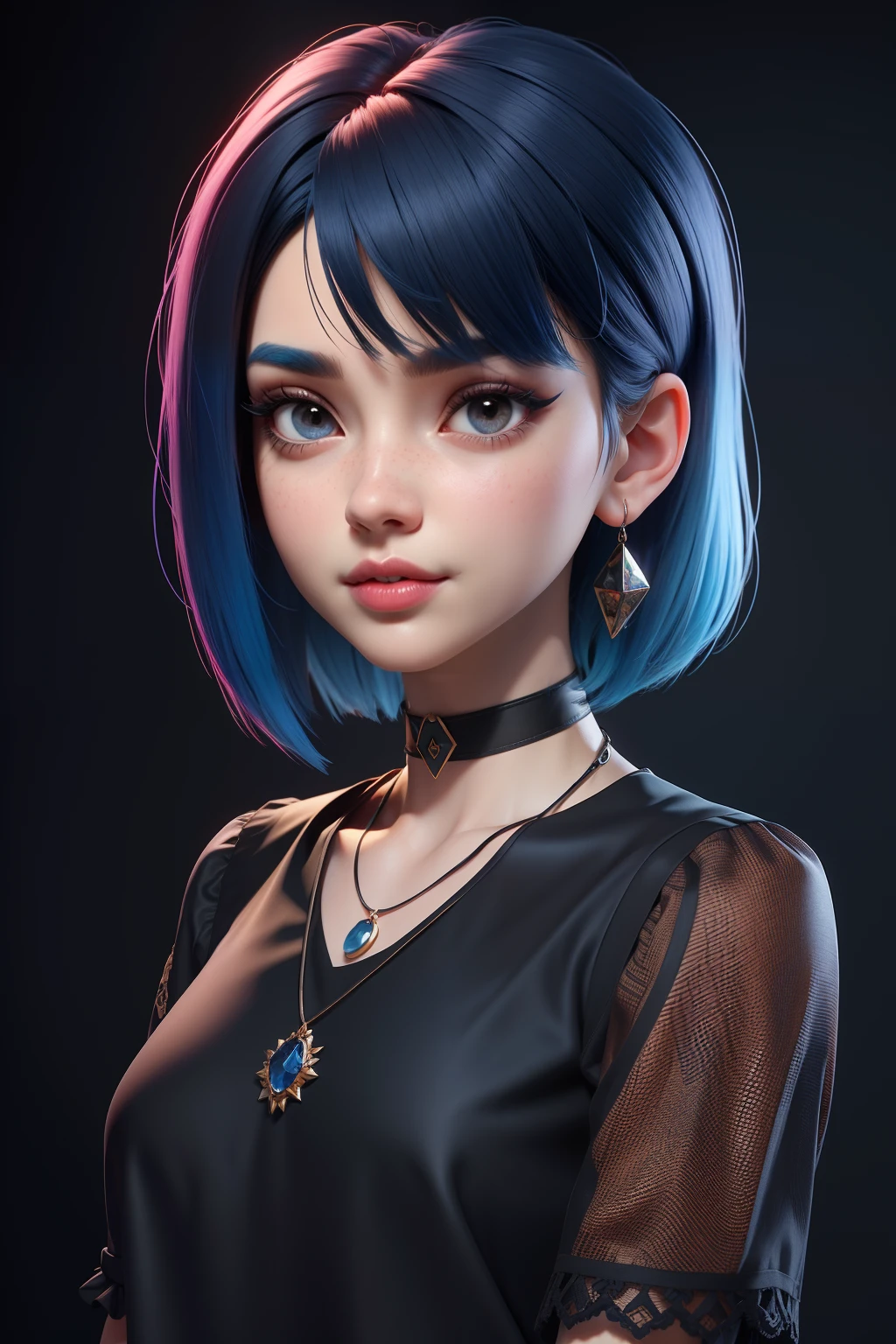 masterpiece, best quality,3d rending work ,3DMM style,close-up,portrait, 3D,1girl, solo, multicolored hair, blue hair, black hair, necklace, freckles, jewelry, two-tone hair, looking to the side, realistic, upper body, simple background, bangs, looking away, short hair, parted lips, black eyes, lips, gothic, choker, makeup, mole, black shirt, shirt, watermark