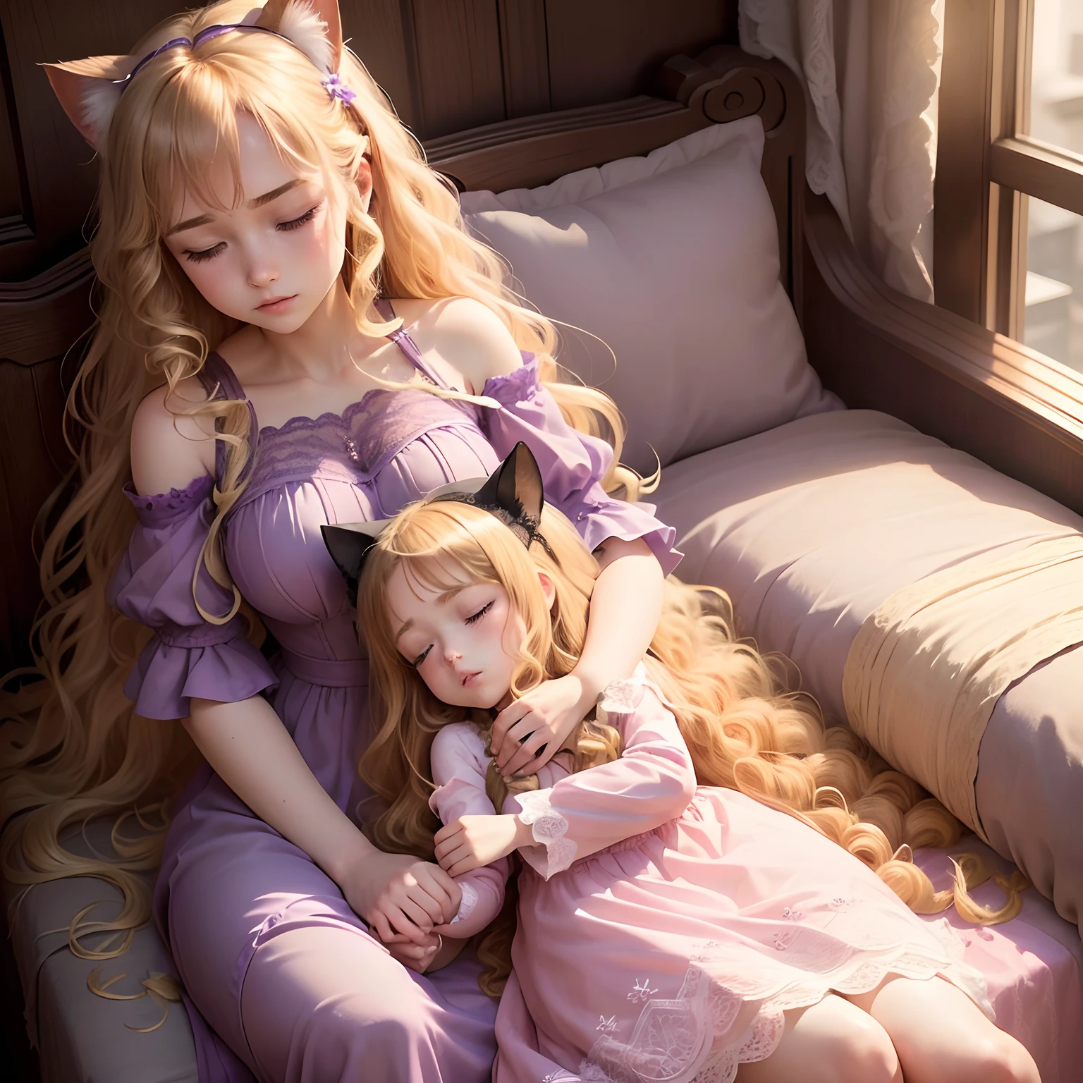 （Girl sleeping on sitting mother's thigh 1.8)
 Two Humans (1 adult female (age 28), a blond, Long hair, Natural curly hair, side parting, Purple eyes, Lace dress, ((Staring at the girl))), (1 girl (), a blond, Natural curly hair, Cat ears, shoulder length hair, Closed eyes, Pink dress)