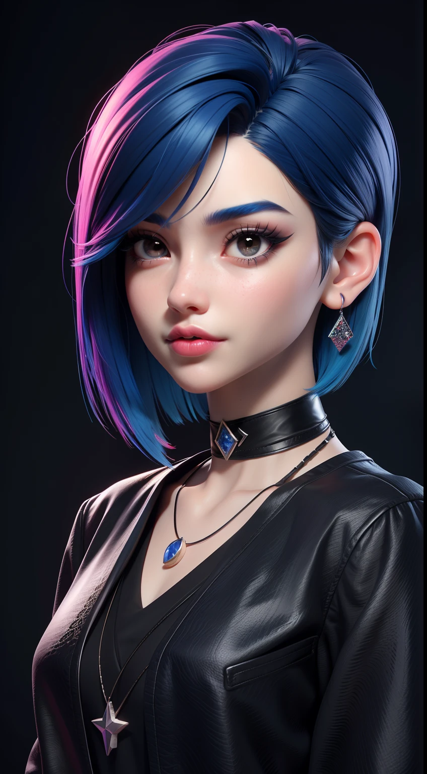 masterpiece, best quality,3d rending work ,3DMM style,close-up,portrait, 3D,1girl, solo, multicolored hair, blue hair, black hair, necklace, freckles, jewelry, two-tone hair, looking to the side, realistic, upper body, simple background, bangs, looking away, short hair, parted lips, black eyes, lips, gothic, choker, makeup, mole, black shirt, shirt, watermark