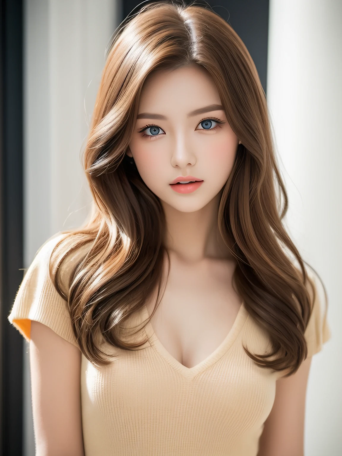 Special clothes53,dress, fashi-girl, red lips, mature female, makeup, leaning forward, (Surrealistic + pure), exquisite beautiful eyes, HD quality, Dynamic tilt, Flare effect, realistic details, Official art, Masterpiece, Unity 8k wallpaper, beautiful masterpiece, Top quality, Radiant skin, cinematic lighting, sweet and cute, long brown hair, curly hair, warm tones, high color saturation