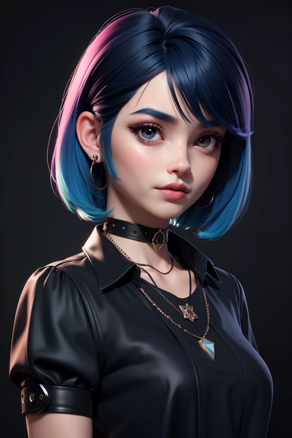 masterpiece, best quality,3d rending work ,3DMM style,close-up,portrait, 3D,1girl, solo, multicolored hair, blue hair, black hair, necklace, freckles, jewelry, two-tone hair, looking to the side, realistic, upper body, simple background, bangs, looking away, short hair, parted lips, black eyes, lips, gothic, choker, makeup, mole, black shirt, shirt, watermark