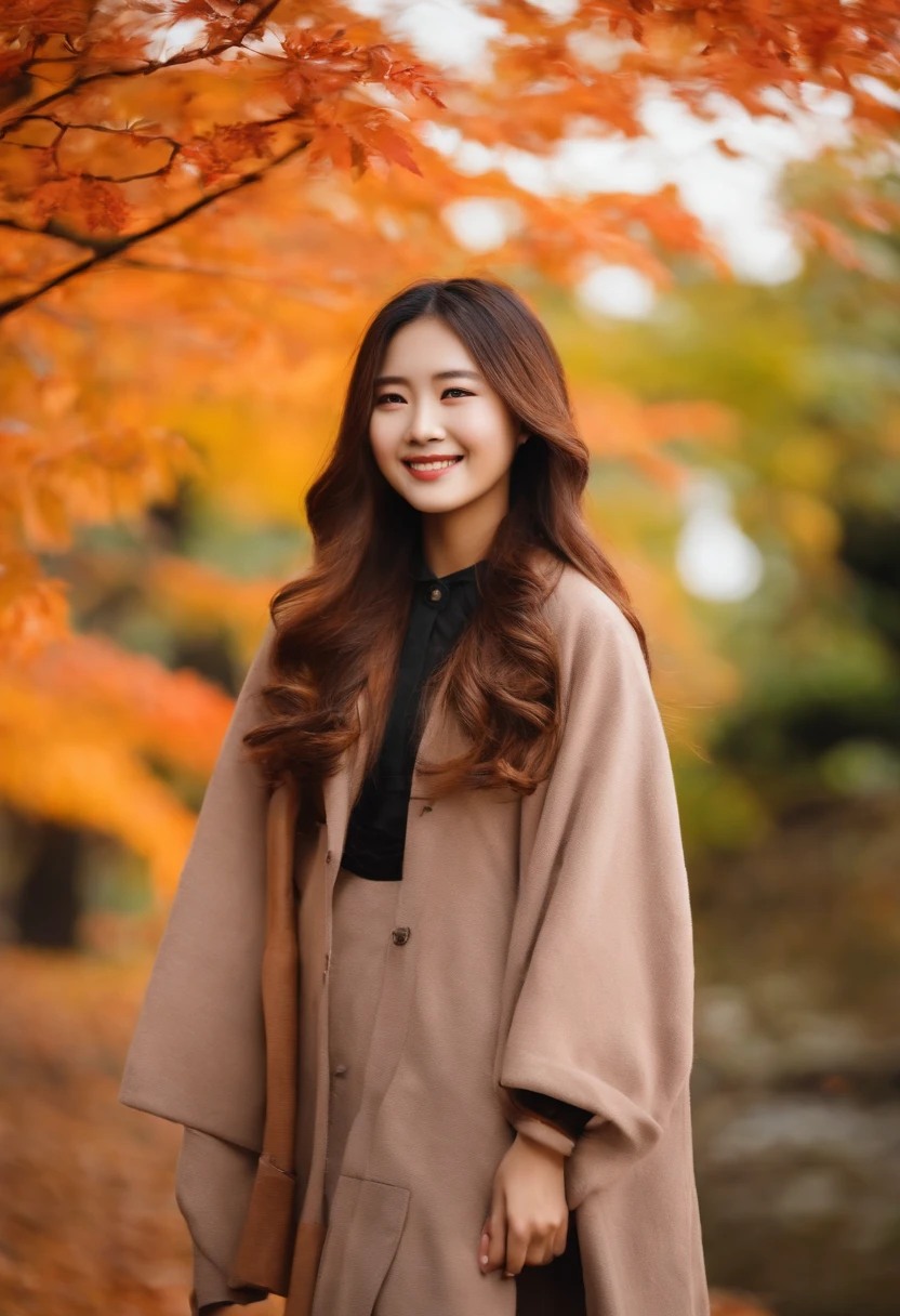 japanes in her 20s femele Longhaire Autumn clothes a smile up