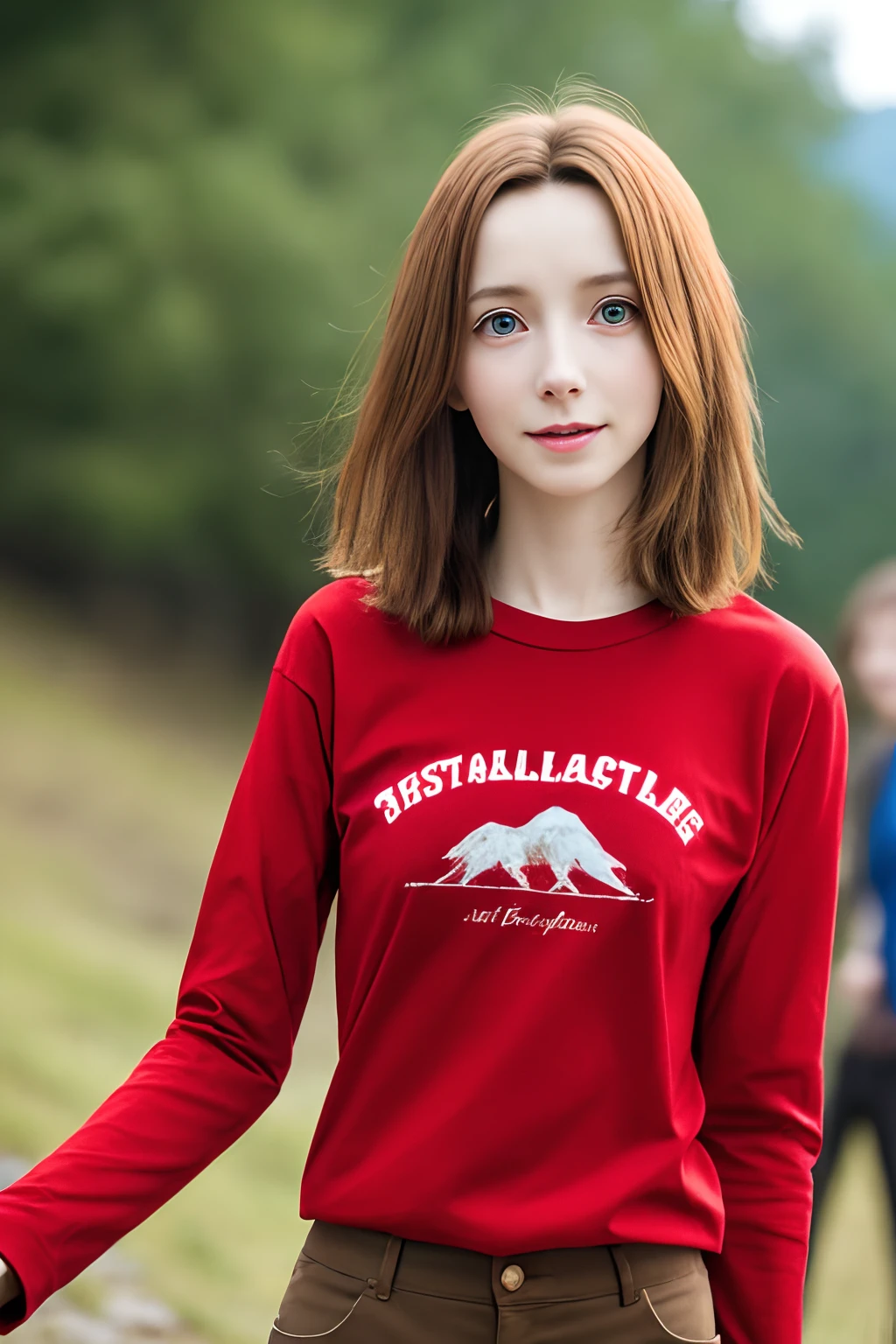 best quality ,very skinny , long hair , girl Caucasian max caulfield ,large eyes ,blurry, , brown hair , happy , , soft skin, , expressive eyes ,
, , long sleeve red t-shirt, short pants , at the mountain