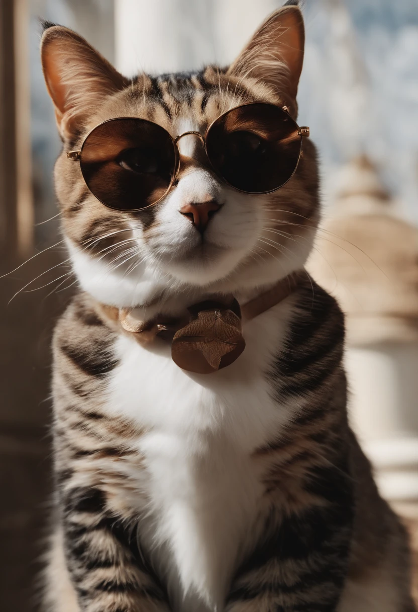 Perfect centering, Cute little cat, Wear a suit business, Wearing sunglasses, cheerfulness, Standing position, Abstract beauty, Centered, Facing the camera, Approaching perfection, Dynamic, Highly detailed, Smooth, Sharp Focus, 8K