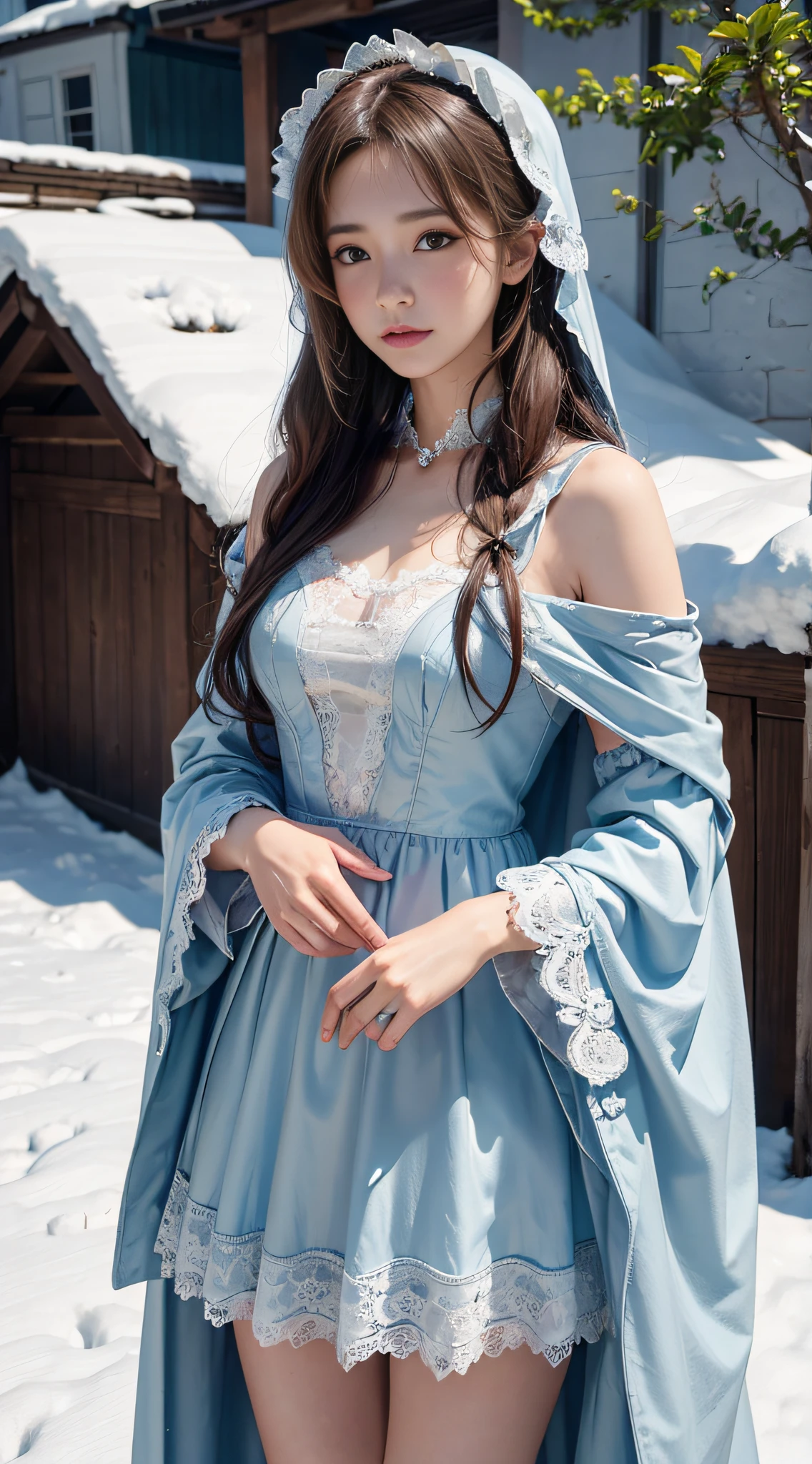 (8K, RAW photos, best qualtiy, tmasterpiece:1.2),(realisticlying, photograph realistic:1.4),Hide your face with sadness,
ta costume,Lace, Aerith Gainsborough, The upper part of the body, undergarments,exposed bare shoulders, do lado de fora, (outside,Covered with snow,Cloak,) high high quality, Adobe Lightroom, highdetailskin, looking at viewert,
