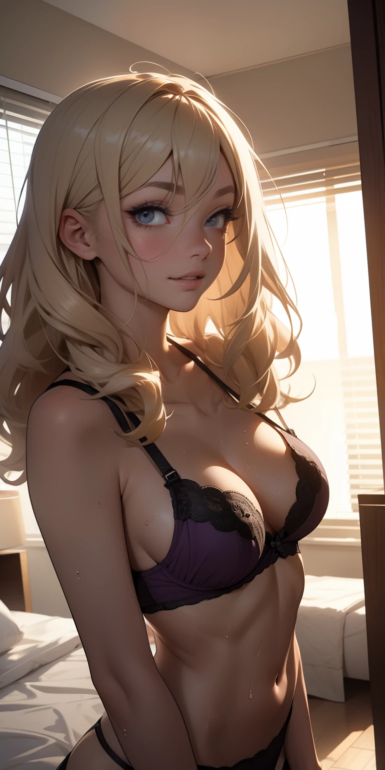Wearing purple underwear、Blonde long wavy hair、makeup,Breasts enlarged、 Red underwear、mascara,(Super close-up looking up from below)lips are soft or pigmented,,Very accentuated breasts on the background of cleavage bedroom at night、minimalism, monotone, simple color palettes, ren, sharp designs, Hair short、Fluid silhouette, undergarment,  Beige bra, Pajama asymmetry, Geometric,, simple silhouette, Sexy, minimalism, suggestive, Freshroom printing, Shy Expressions, Briefly, Soio, 1girl in, large full breasts, thick thight, big breasts thin waist, Sweaty chest, NSFW, Erotic, Sensual milf, nakeness, Small wet breasts, zora々appearance, Shy, Hair is clogged, Underwear small wet transparent, Face smile