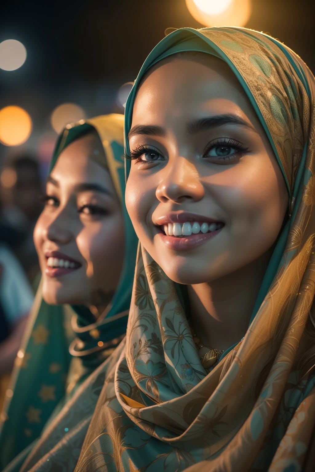 Portrait photography of a beautiful young malay girl in hijab and wear baju kurung with 1 malay man watching a concert, nighttime, beach concert background, crowded concert, bokeh, bright lighting, smile and happy gesture, high quality, ultra detail, 8k, cinematic color,