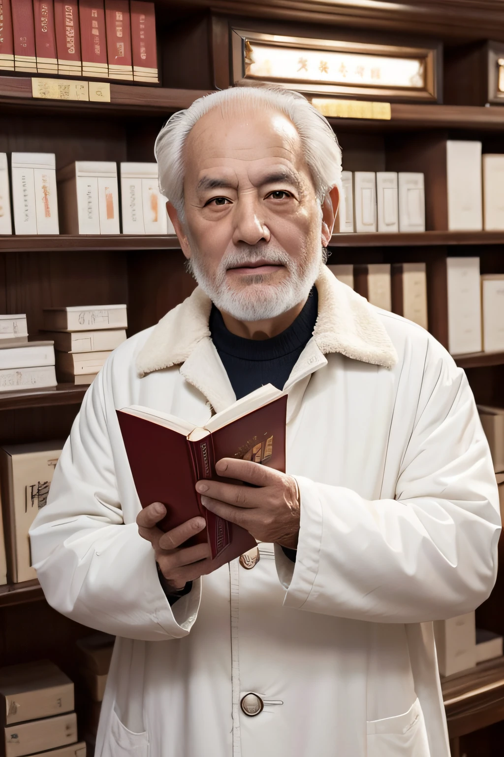 Chinese image，Real frontal photos，Authentic background，Pharmacy background，holding books，Manteau blanc，Face full of wrinkles，TCM image，Wise eyes，male people