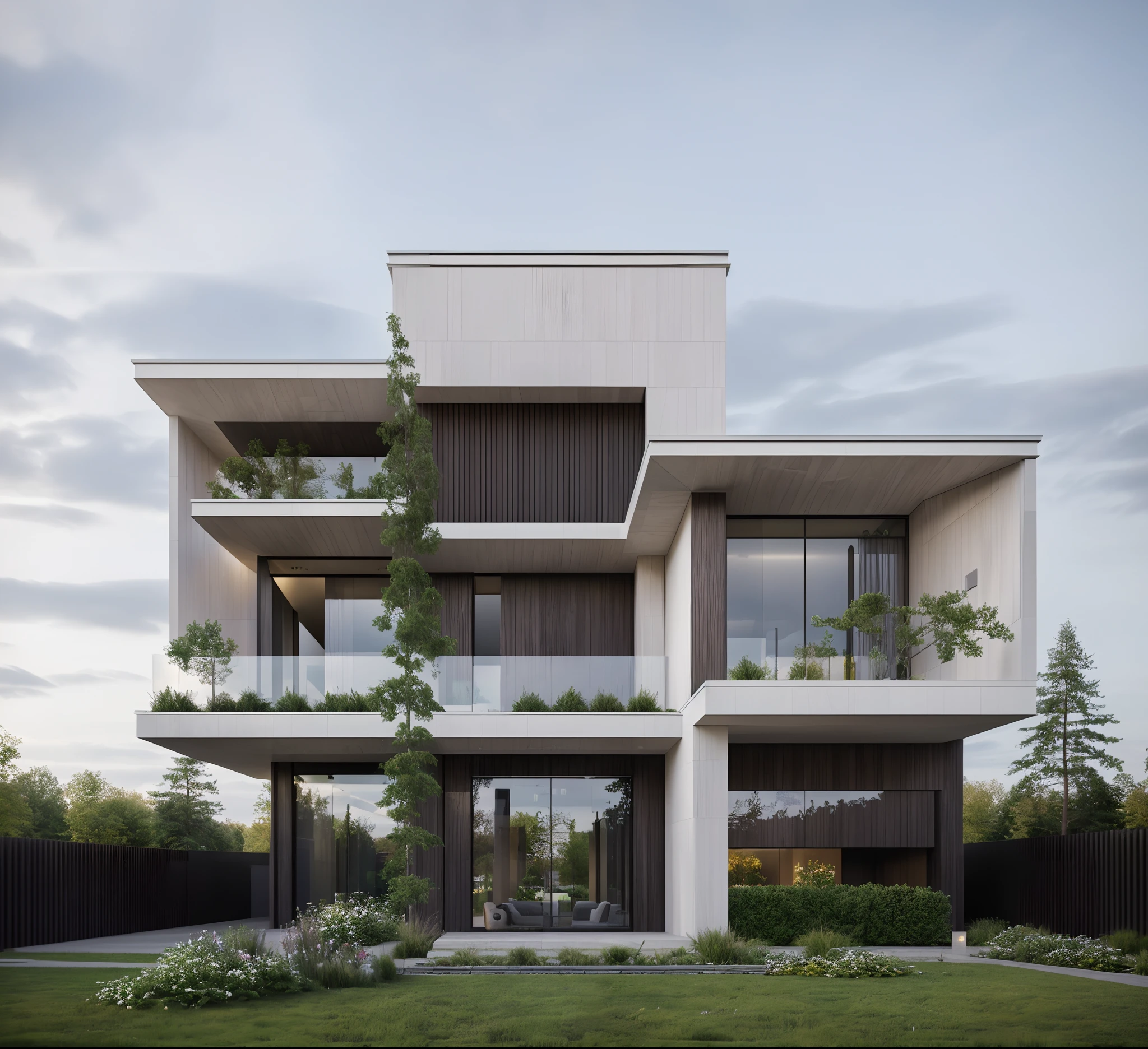 (masterpiece),(high quality), best quality, real,(realistic), super detailed, (full detail),(4k),8k,modern house exterior design,Modern architecture,Beautiful_sky,Day light, no_humans, outdoors,sky,tree,Garden flower front of building,