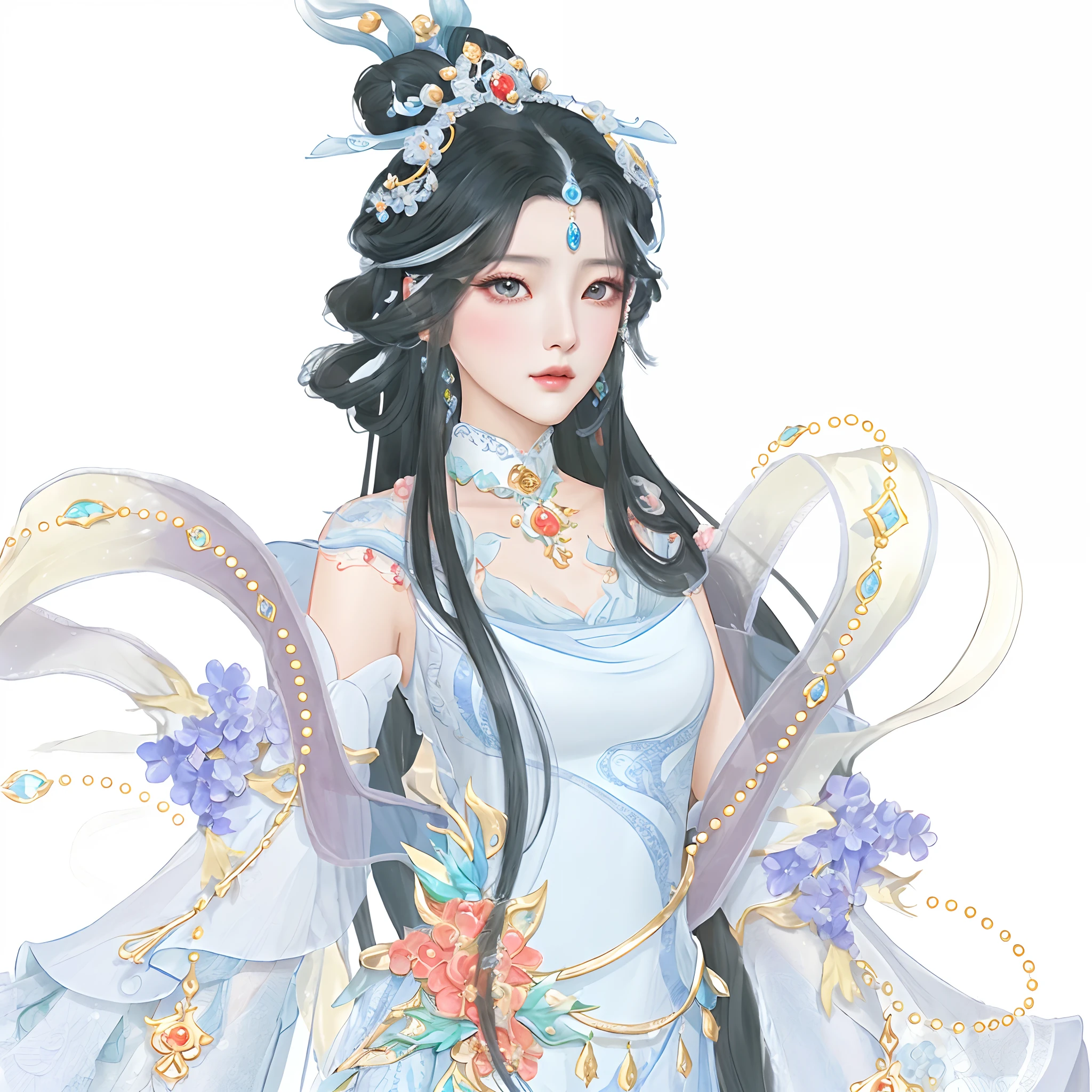 Anime girl with long black hair in white dress and blue dress, a beautiful fantasy empress, ((a beautiful fantasy empress)), full-body xianxia, Inspired by Lan Ying, heise jinyao, Palace ， A girl in Hanfu, queen of the sea mu yanling, beautiful and elegant elf queen, inspired by Li Mei-shu, Yun Ling