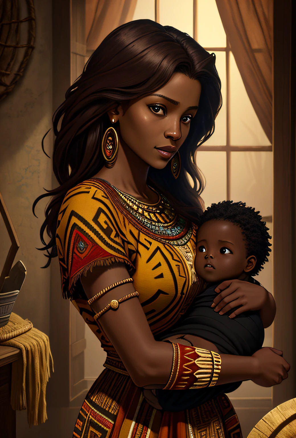 ((best quality)), ((masterpiece)), ((ultra realistic)), ((dark fantasy style)), beautiful intricately detailed soft oil painting by jim lee, a tired but happy african tribal mother cradling her , dimly lit mud hut interior, (tribal dress:1.3), intimate, soft facial features, tribal, highly detailed, professional, 8k, uhd, soft volumetric lighting, depth of field, film grain, smooth, roughness, real life, soft warm vibrant color palette, (Viola Davis|Kerry Washington|Beyonc:0.5)
