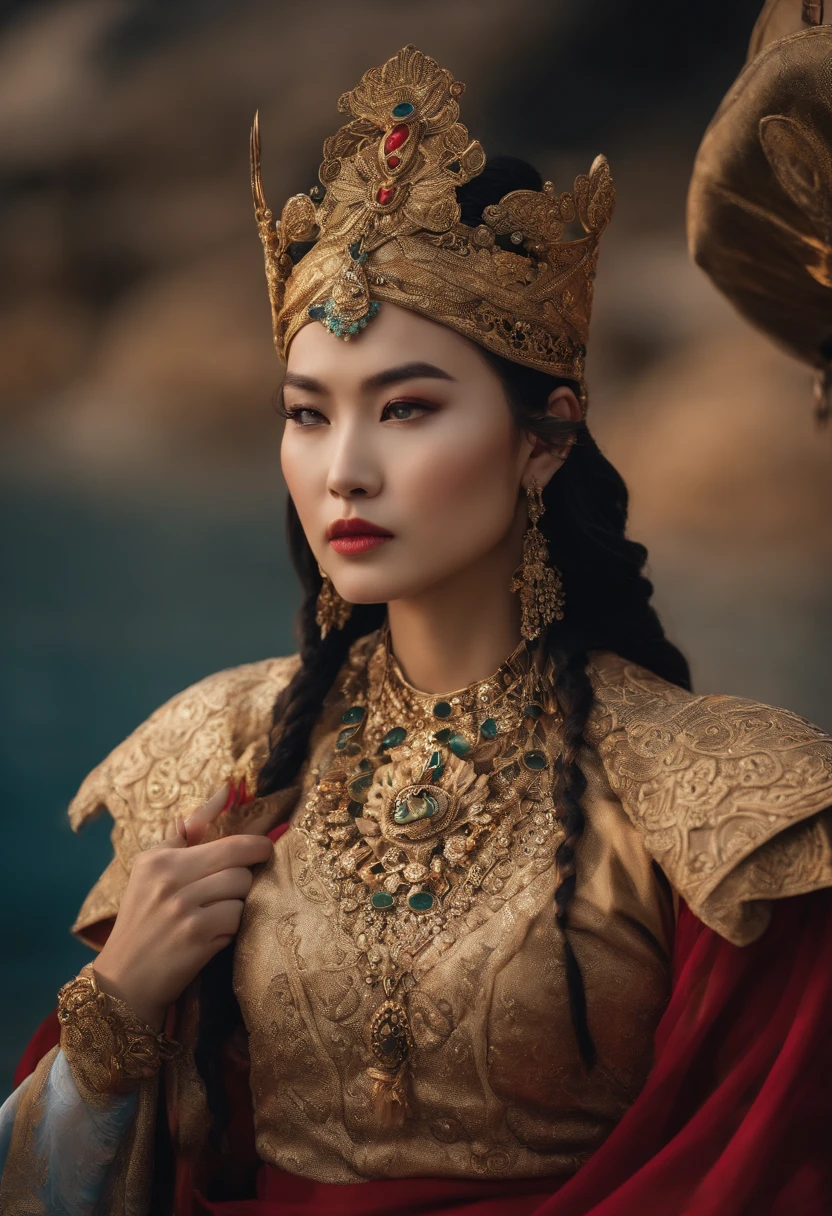 a close up of a woman with a tia on her head, portrait of modern darna, a young woman as genghis khan, portrait of mulan, inspired by Oka Yasutomo, queen of the sea mu yanling, kiko mizuhara, natasha tan maciej kuciara, maya takamura, asian face, fanart