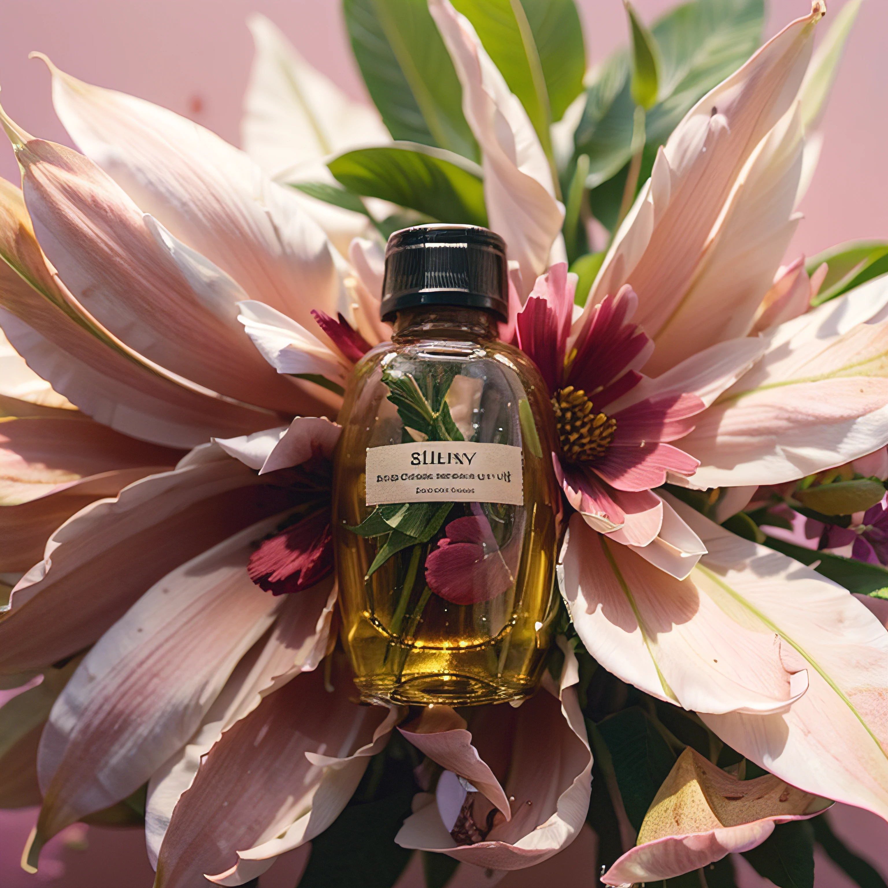 a bottle of liquid sitting next to a bunch of flowers on a table with a sky background and a pink background,productscene