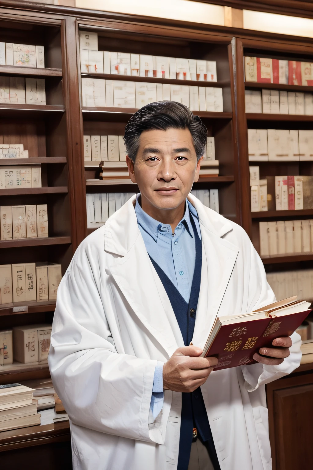 Chinese image,Real frontal photos,Authentic background,Pharmacy background,holding books,Manteau blanc,Face full of wrinkles,TCM image,Wise eyes,male people