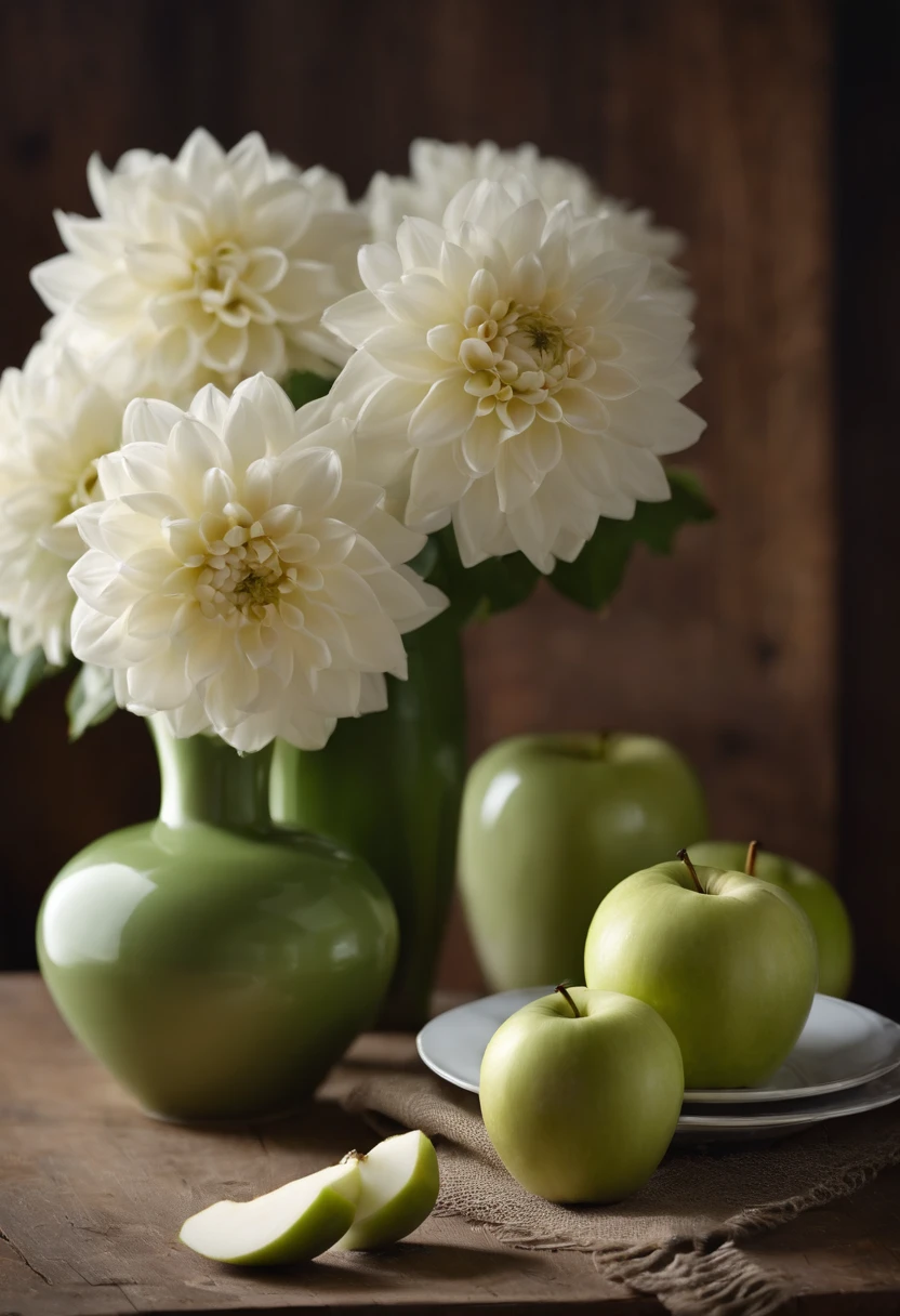 On the table was a pale green vase，The vase is filled with vivid white dahlias，There were several red apples on the table，There are also several empty bowls stacked on top of each other，Old wooden table，Wooden chairs，janelas，Soft light on a cloudy day，Quiet and quiet，fine，Still life photography，Still Life Magazine，large scene，high qulity，High depth of field