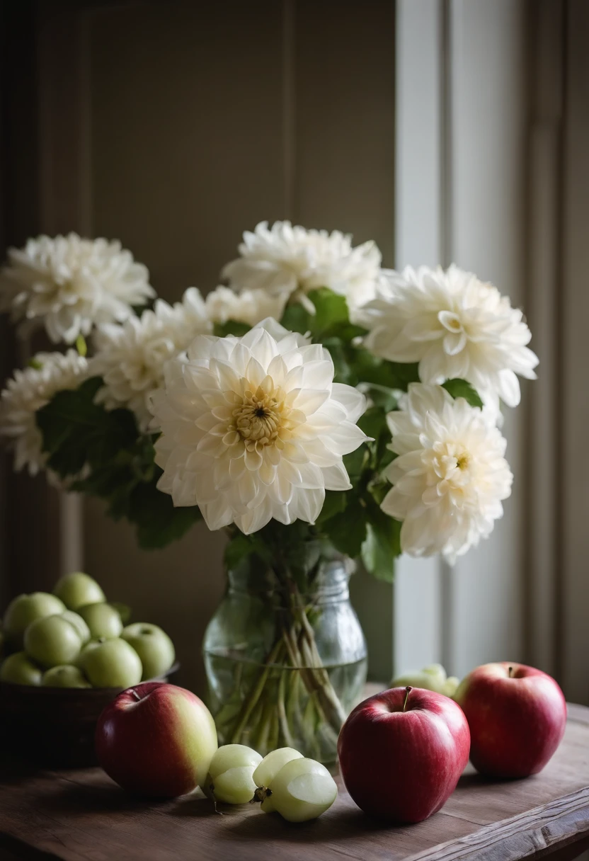 On the table was a pale green vase，The vase is filled with vivid white dahlias，There were several red apples on the table，There are also several empty bowls stacked on top of each other，Old wooden table，Wooden chairs，janelas，Soft light on a cloudy day，Quiet and quiet，fine，Still life photography，Still Life Magazine，large scene，high qulity，High depth of field