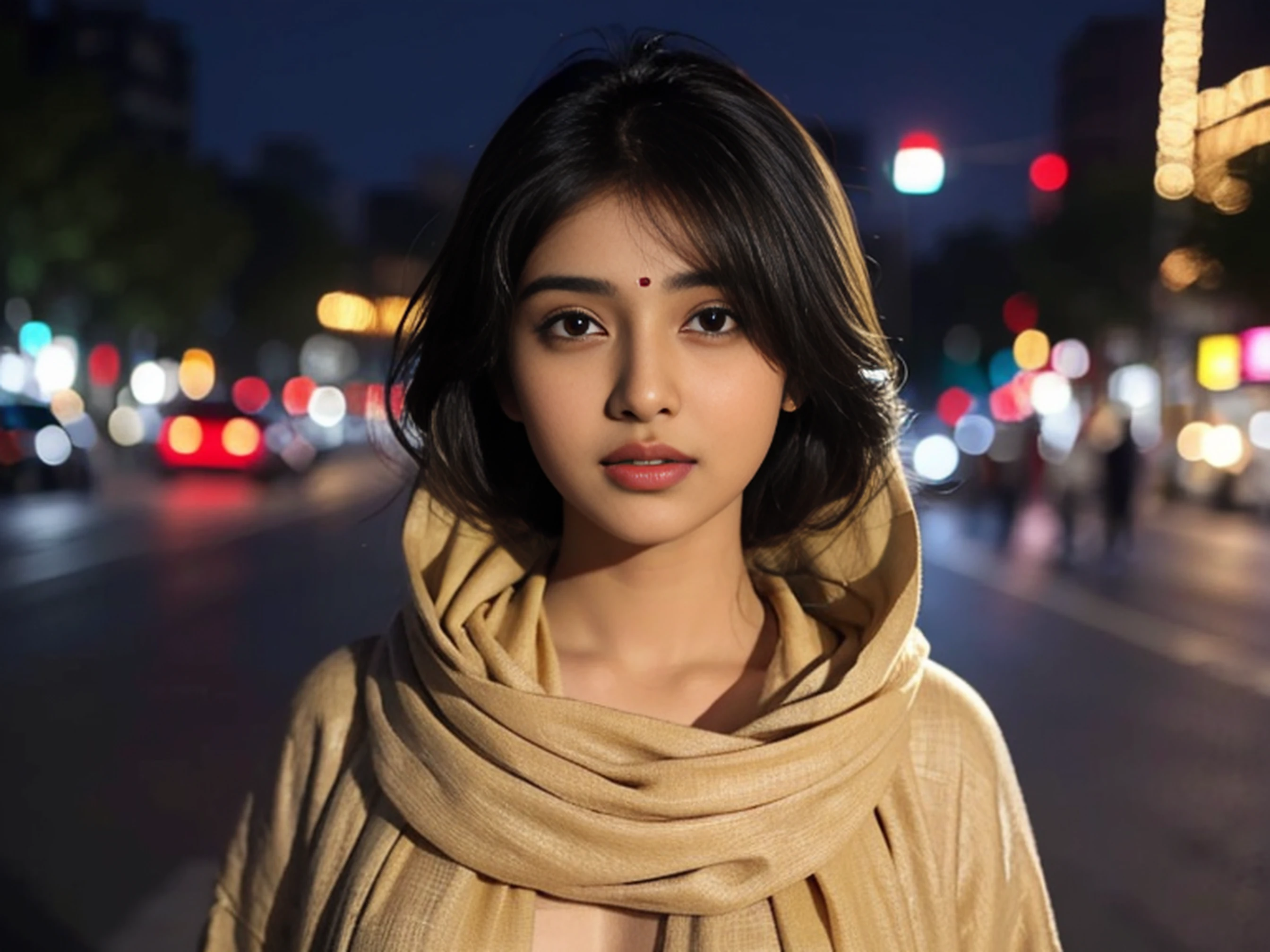 (((desi Indian girl))), chubby face, natural skin, wearing hot deep neck top and dupatta, charming black hair, ((hair ends are blonde)), city streets background, bokeh