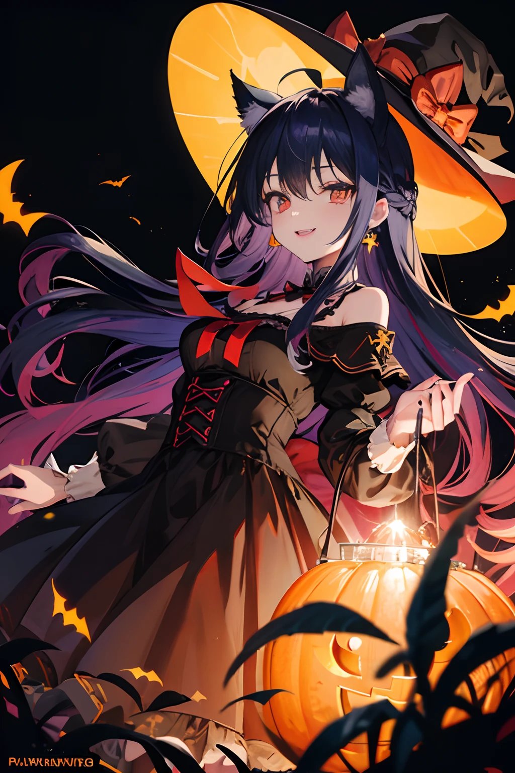 girl, witch costume, halloween costume, lolita fashion, halloween, night scene, bats, pumpkin, colored inner hair, dark blue hair, bangs, ahoge, drill hair, french braid, hair over shoulder, shiny hair, wizard hat, witch hat, glowing eyes, sparkling eyes, wide eyes, amber eyes, crystal earrings, fake animal ears, smile, fangs, red lips, Realism, anime style, cinematic lighting, depth of field, backlighting, optical illusion, silhouette, masterpiece, high quality