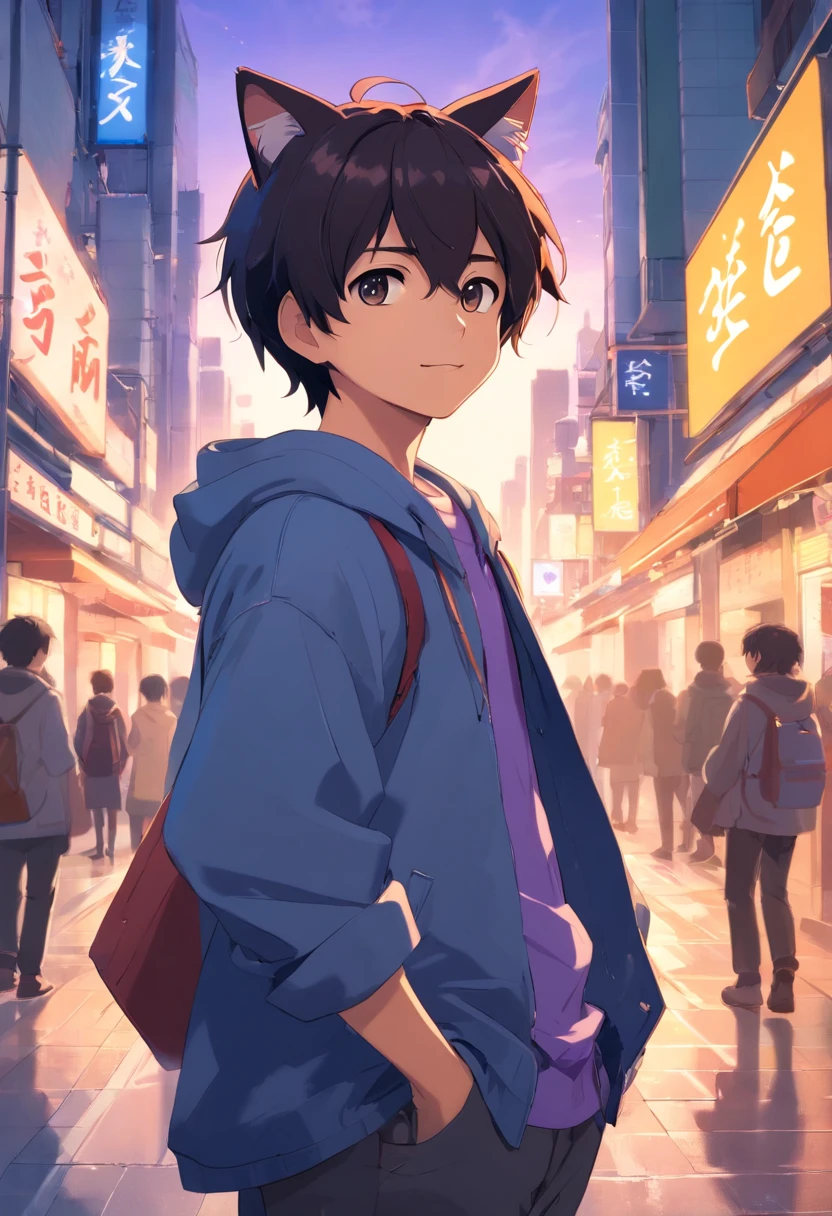 A boy with，Incarnate anime style，Has a pair of cat ears，Unique facial features and clothing，Stand on the bustling city streets，Backlit background protruding main body，Holding a purple cat doll，High-contrast colors，4K HD quality，年轻，ssmile，Handsome