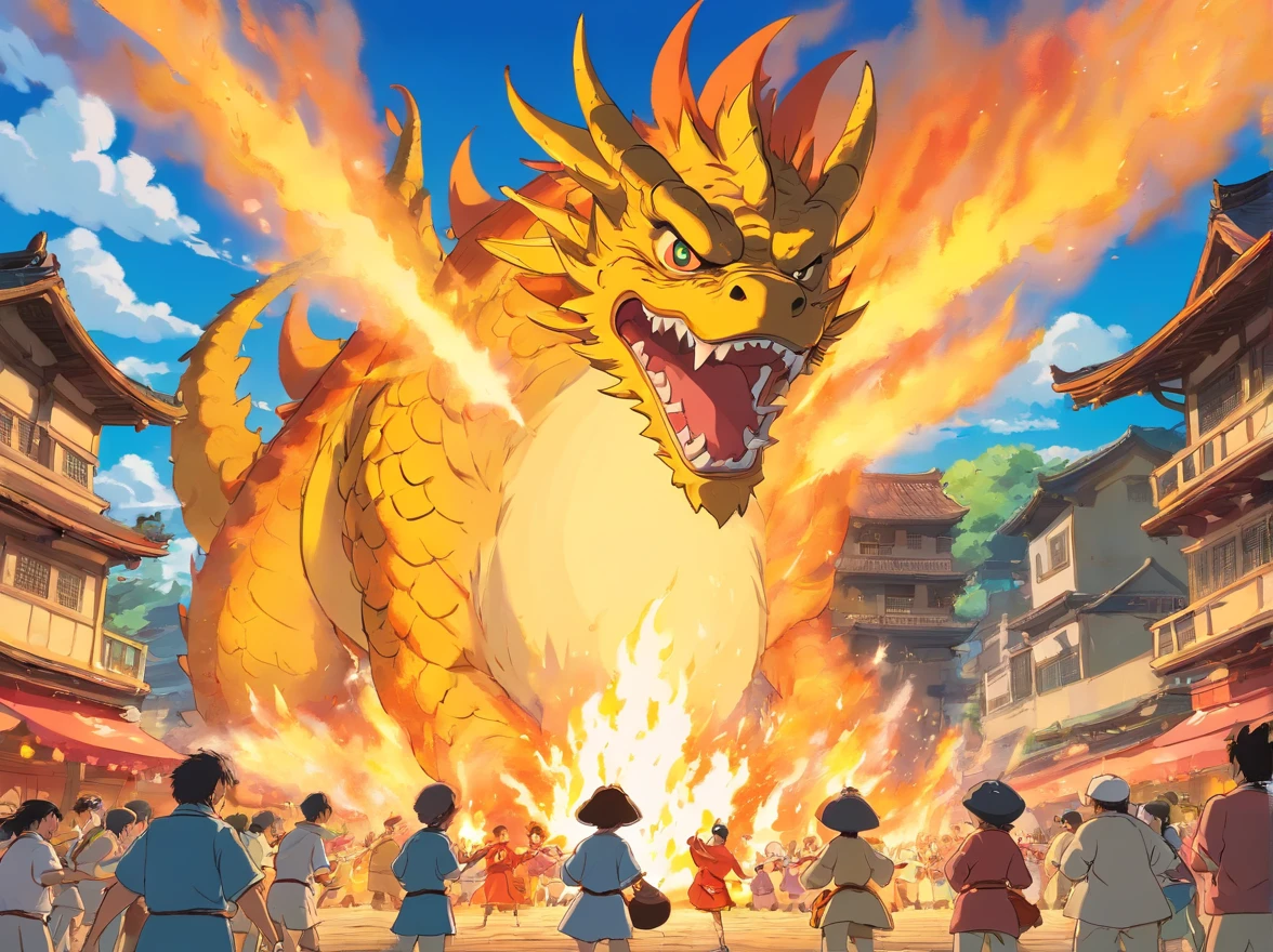 People stand around fires and cannons,, competition winning, celebrating, local people chasing to attack, award-winning shot, award - winning shot, Beautiful image, centered shot, festivity, an beautiful, nanquan, people panic in the foreground, yellow dragon head festival, amazing shot, traditional art