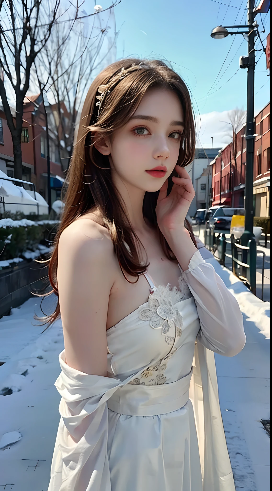 （8K， RAW photos， best qualtiy， tmasterpiece：1.2），（realisticlying， photograph realistic：1.4)，Hide your face with sadness，
Lolita costume，Lace， Aerith Gainsborough， The upper part of the body， undergarments，exposed bare shoulders， do lado de fora， (outside，Covered with snow，Cloak，) high high quality， Adobe Lightroom， highdetailskin， looking at viewert，