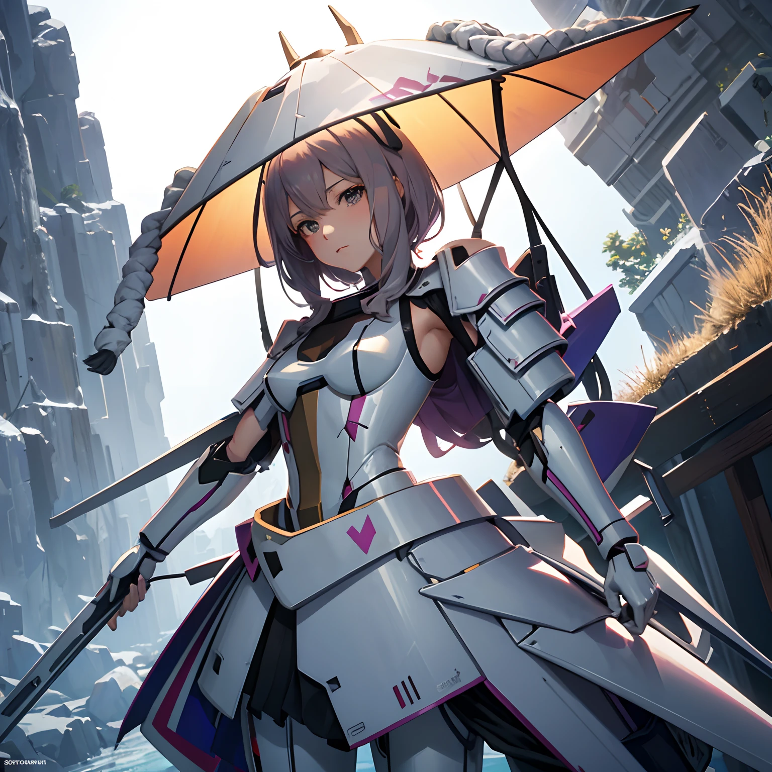 Streamlined pink armor, modern mecha anime, cool mecha style, female mecha, Gundam armor, Mobile Suit, anime mech armor, arasaka mech, Anime manga robot!! Anime girl, gundam style，bucket-hat，holding samurai sword