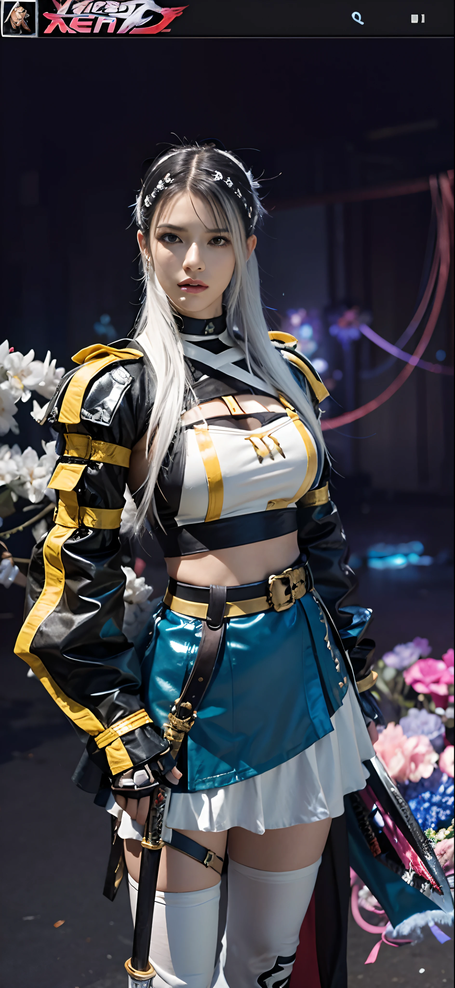a close up of a person in a costume with a sword, as a character in tekken, female character, tifa lockhart with white hair, katana zero video game character, lunar themed attire, kda, slim body, cyborg - girl with silver hair, upper body avatar, fashion gameplay screenshot, fighting game character, new character, floralpunk elysian maiden, sigma female