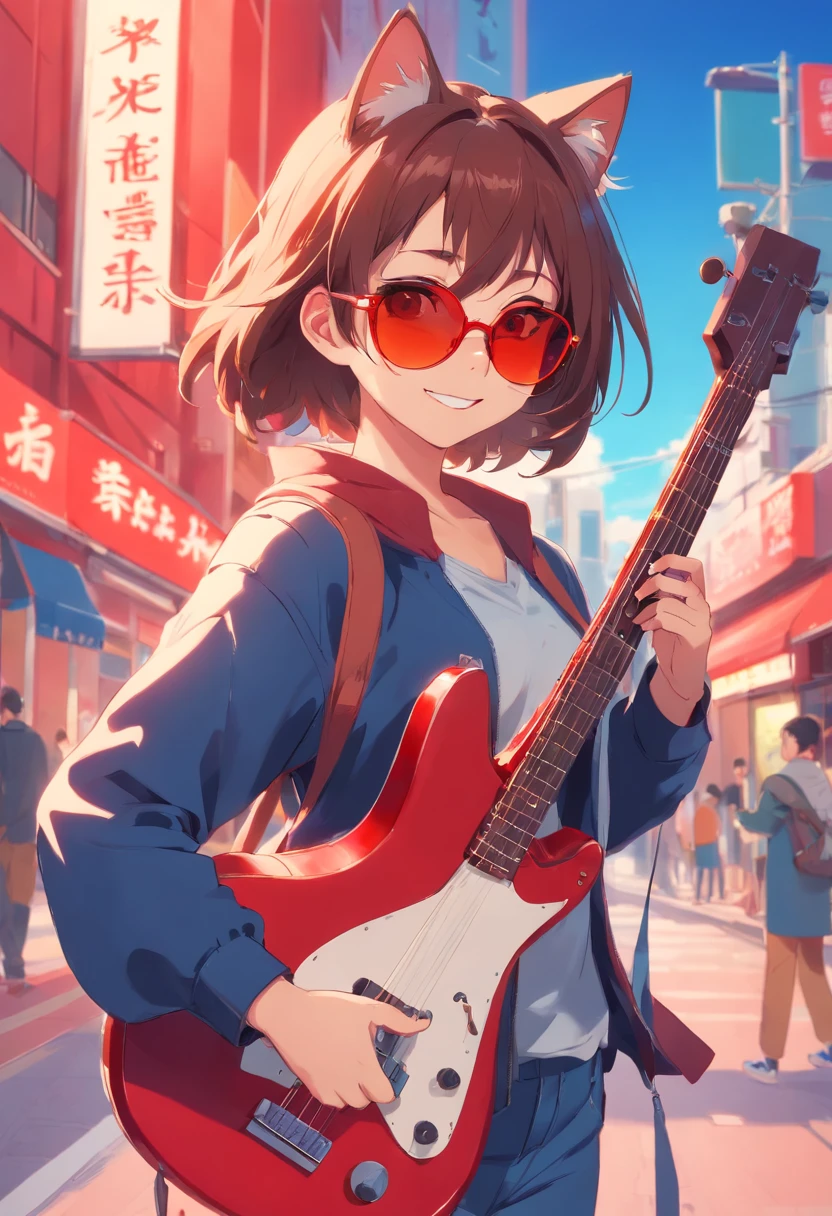 Happy cat, Hold the instrument, Sunglasses on the head, red gradient background,frontage,Blue tooling