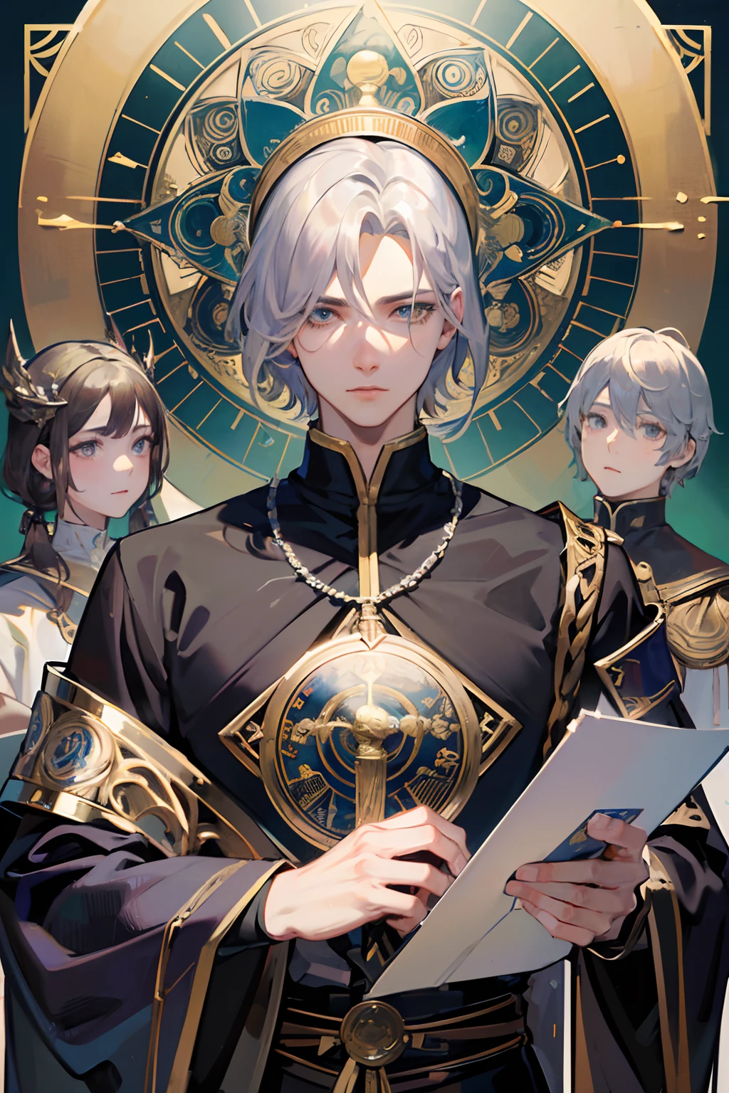masterpiece, (absurdres, highres, ultra detailed), 1 male, short silver hair, adult, handsome, tall muscular guy, broad shoulders, finely detailed eyes and detailed face, the knights \tarot\, Symbolism, Visual art, Occult, Universal, Vision casting, Philosophical, Iconography, Numerology, Popularity, Artistic, Alfons Mucha