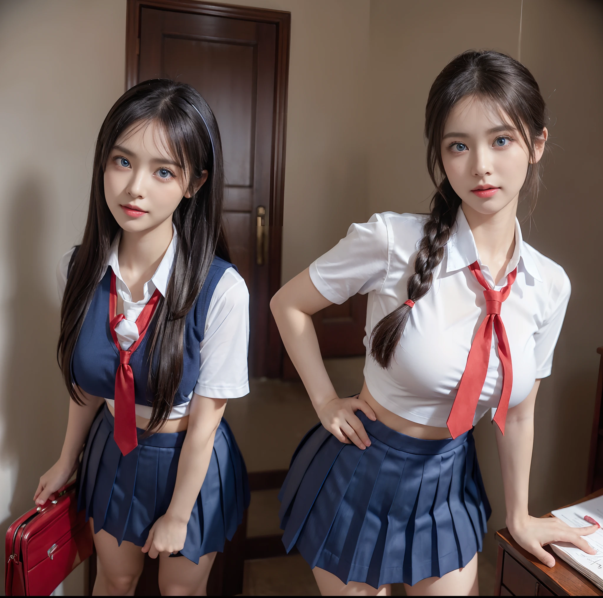 top-quality, masterpiece, (Professional lighting without shadows), A hyper-realistic, Bewitching, perfect anatomia, Two girls, (Proudly stand in front of the camera、Girl showing off ribbon tie, Another girl on the other side、Bend over and stick your butt out towards the camera), ( Huge breasts:1.2), Bright and even whitening skin without wrinkles and steps, (bright beautiful blue eyes with long eyelashes and red tear bags,,,、Reflects a lot of light:1.3)、 Braided half-up hair with bangs, (Her outfit is、Dress up tight fit cramped schoolgirl uniform with super short super mini pleated skirt:1.3), (Proudly showing off a crimson ribbon tie from the front), (Another girl on the other side、To beautifully emphasize the proud ultra mini pleated skirt、Showing off a pose with the buttocks exposed from directly behind:1.2), (Beautiful face squinting in dazzling light:1.2), (ssmile), (Plump red teardrop bag:1.2)