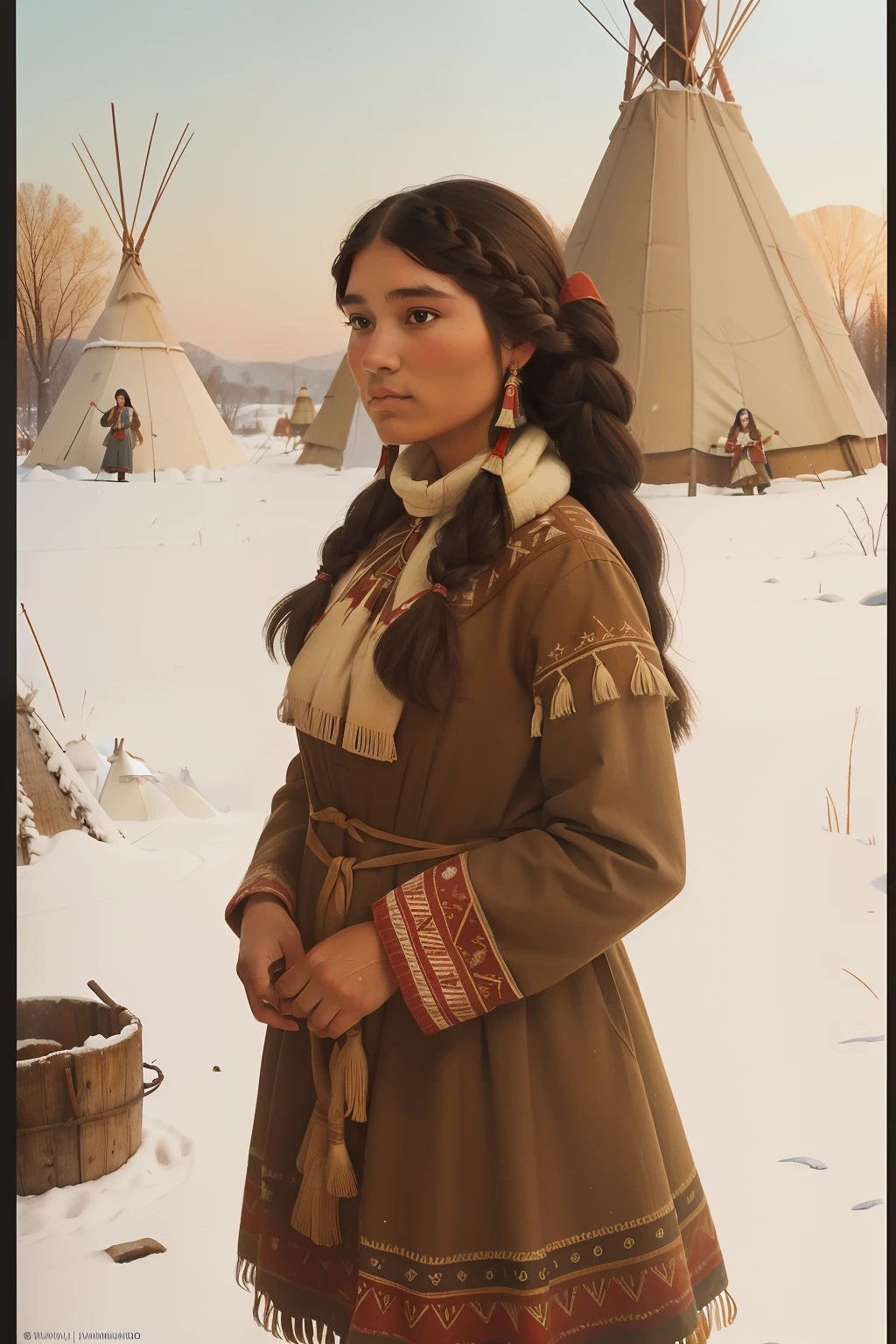 year: 1841. Location: Illinois. Pre-Raphaelite scene with a 18-year-old sauk native american woman, indian village, teepees, winter, snow, ((((Clothing from the 1830s)))) ((Hairstyle of the 1830s)), ((("OMITB" cinematography)))