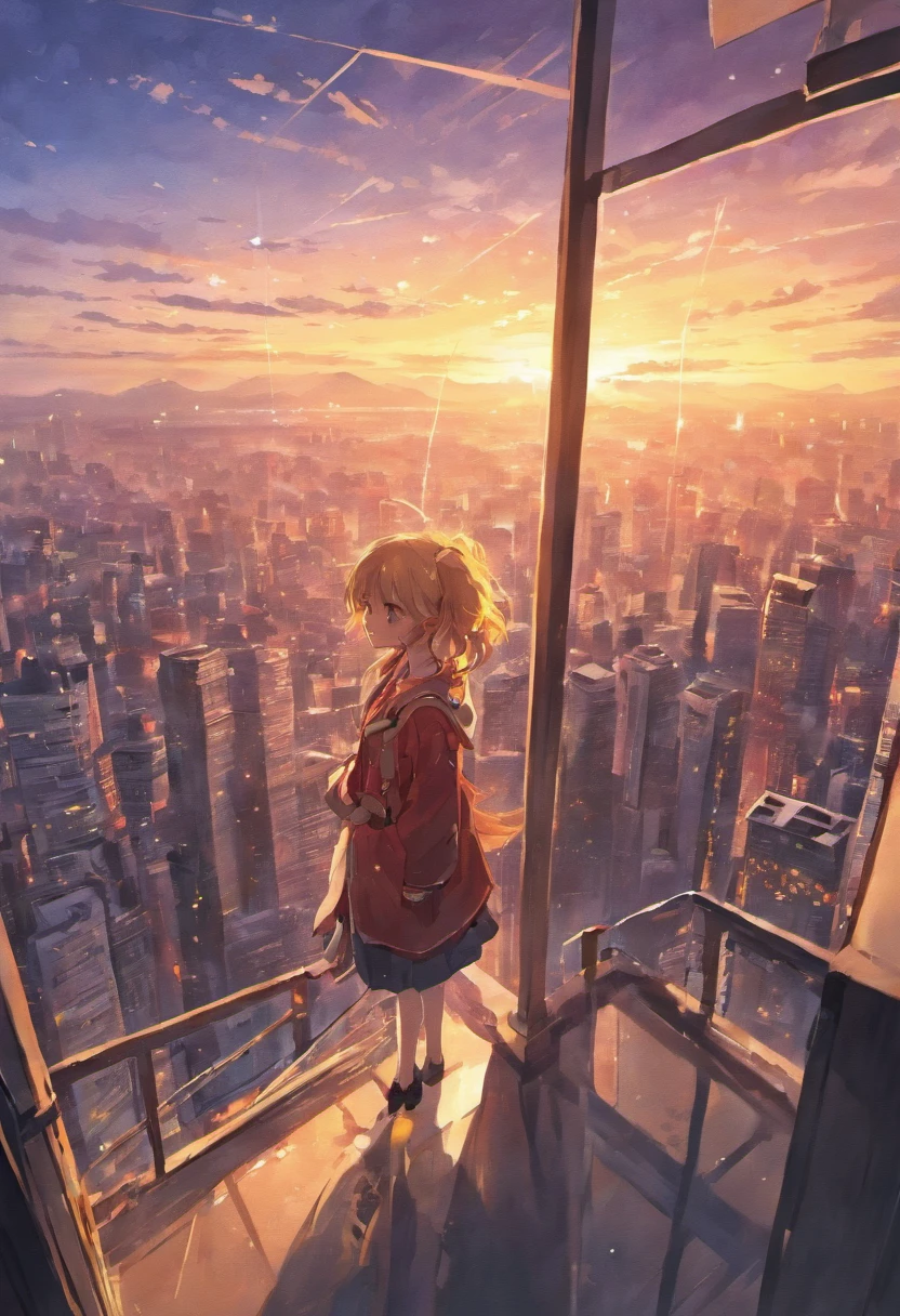 A marvelous sunset in a gorgeous city with lit windows.