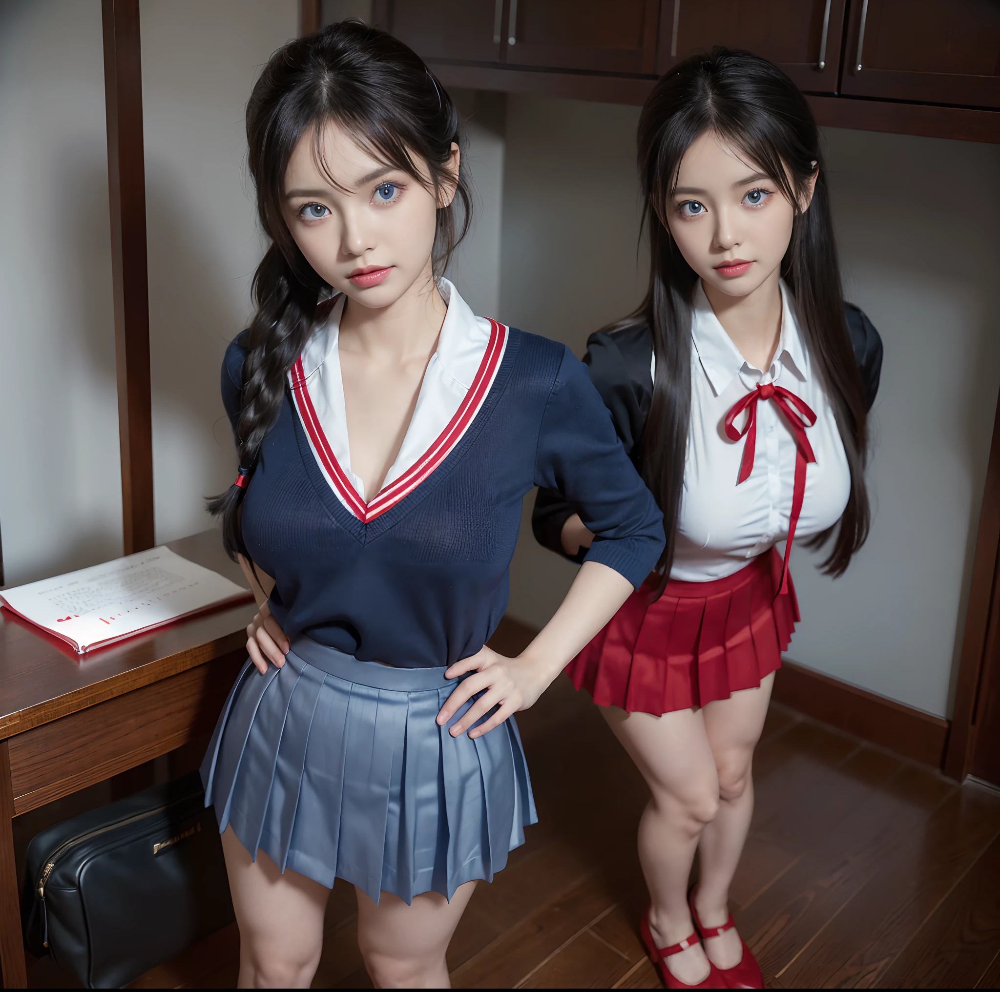 top-quality, masterpiece, (Professional lighting without shadows), A hyper-realistic, Bewitching, perfect anatomia, Two girls, (Proudly stand in front of the camera、Girl showing off ribbon tie, Another girl on the other side、Bend over and stick your butt out towards the camera), ( Huge breasts:1.2), Bright and even whitening skin without wrinkles and steps, (bright beautiful blue eyes with long eyelashes and red tear bags,,,、Reflects a lot of light:1.3)、 Braided half-up hair with bangs, (Her outfit is、Dress up tight fit cramped schoolgirl uniform with super short super mini pleated skirt:1.3), (Proudly showing off a crimson ribbon tie from the front), (Another girl on the other side、To beautifully emphasize the proud ultra mini pleated skirt、Showing off a pose with the buttocks exposed from directly behind:1.2), (Beautiful face squinting in dazzling light:1.2), (ssmile), (Plump red teardrop bag:1.2)