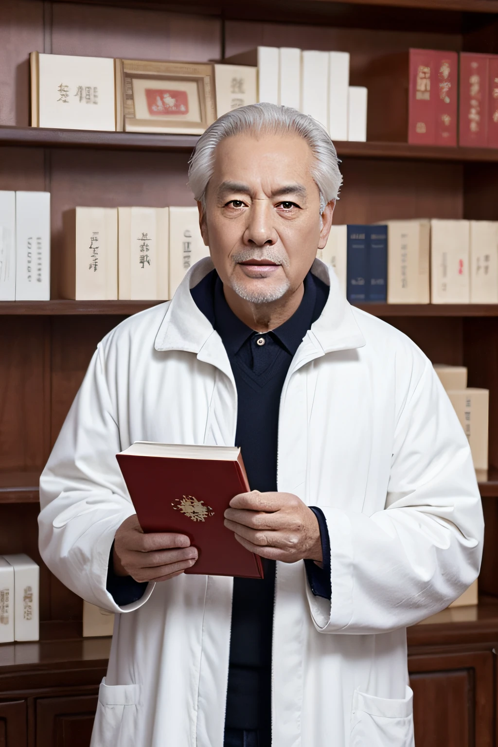 Chinese image，Real frontal photos，Authentic background，Pharmacy background，holding books，Manteau blanc，Face full of wrinkles，TCM image，Wise eyes，male people