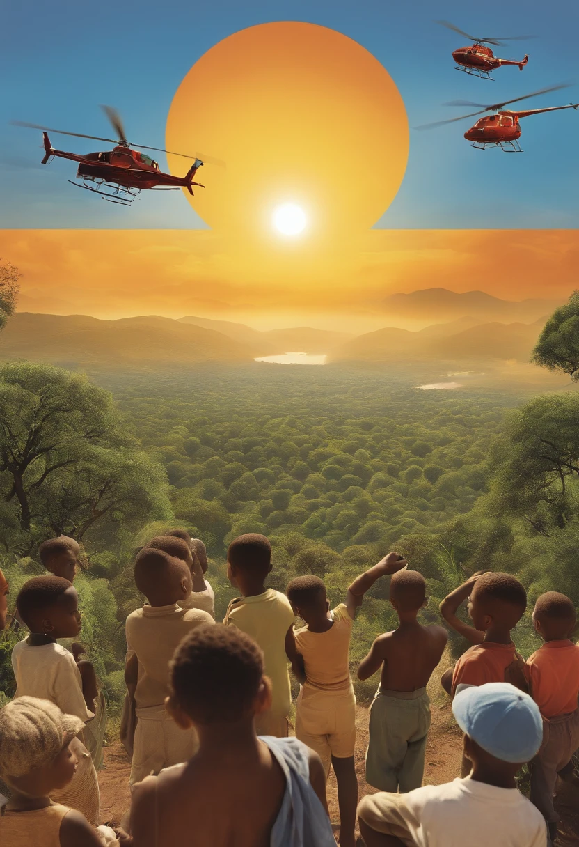 a CD cover containing images of young black people reflecting on a day when their difficult reality was good, black boys looking at a horizon of vegetation, sun, helicopter, people talking, religious people of African origin, realistic