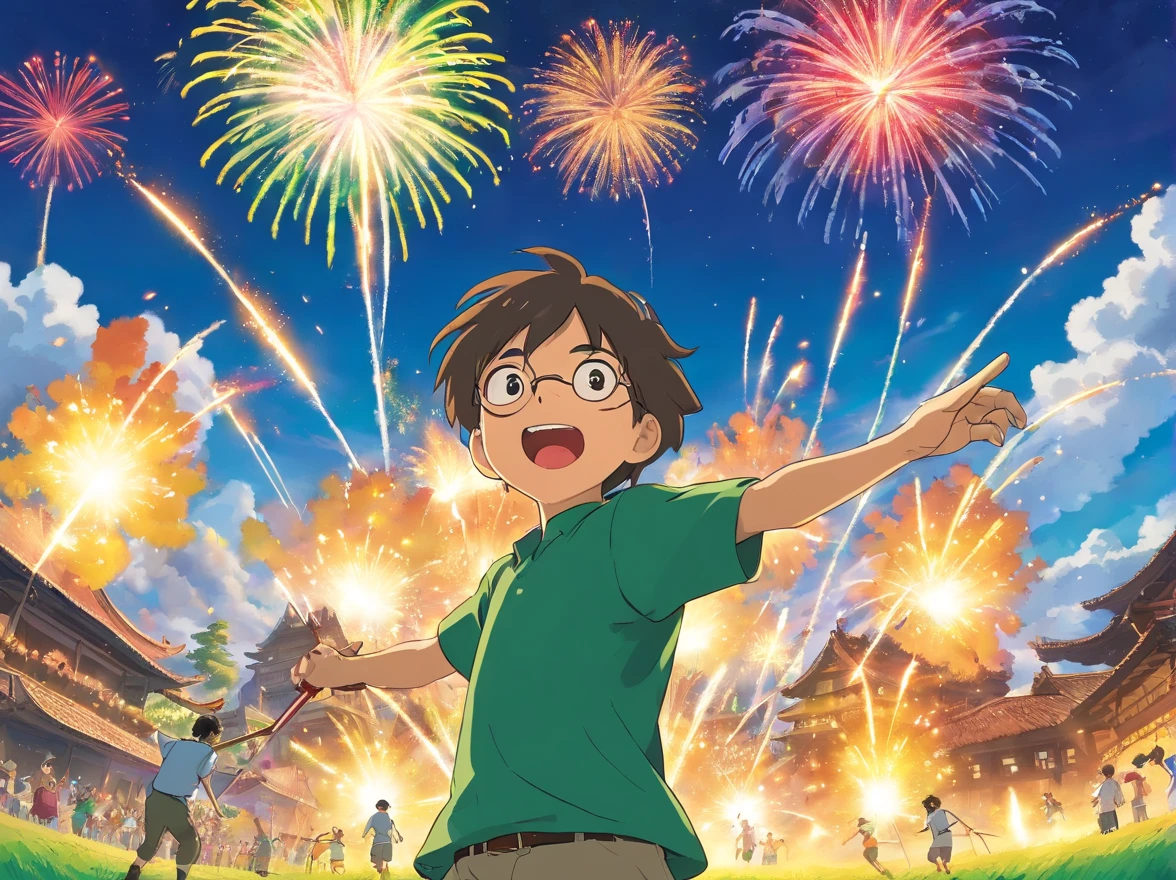Several men in green shirts play with fireworks in the field, flying shot, award-winning shot, award - winning shot, yellow dragon head festival, wining, flying scarlet phoenix, the photo shows a large, opening shot, action shot, sport game, Sports photos, mid air shot, dramatic action shot, everyone having fun, centered shot, cover shot, competition winning