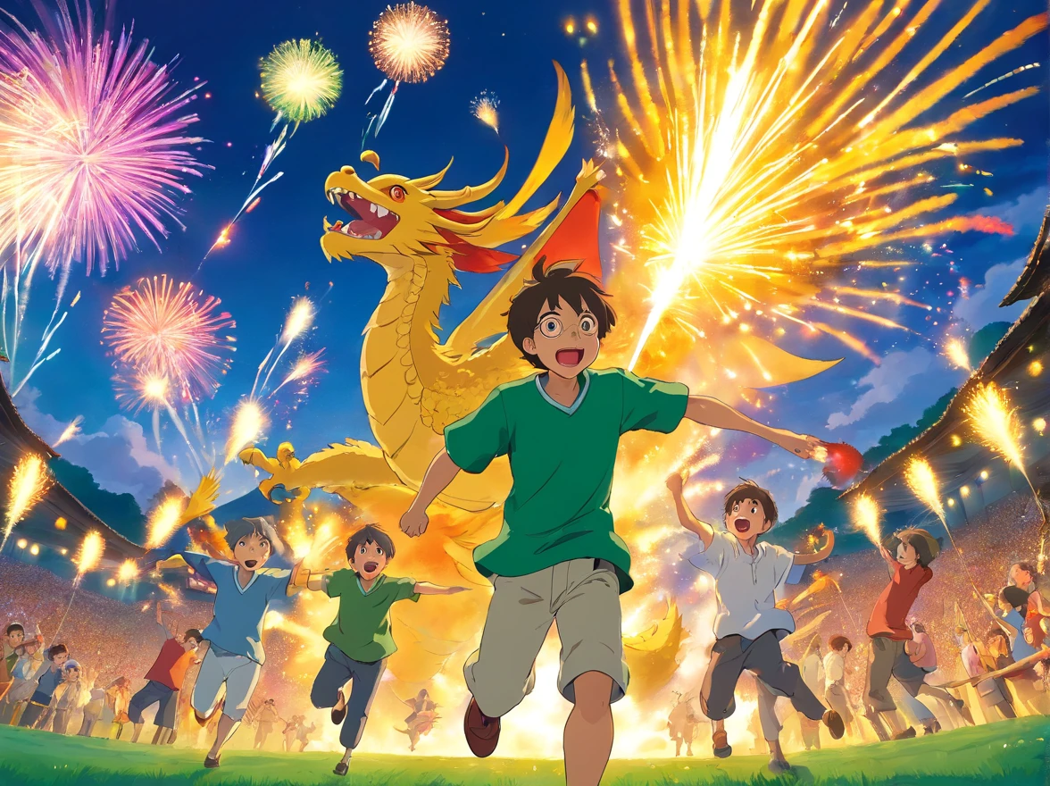 Several men in green shirts play with fireworks in the field, flying shot, award-winning shot, award - winning shot, yellow dragon head festival, wining, flying scarlet phoenix, the photo shows a large, opening shot, action shot, sport game, Sports photos, mid air shot, dramatic action shot, everyone having fun, centered shot, cover shot, competition winning
