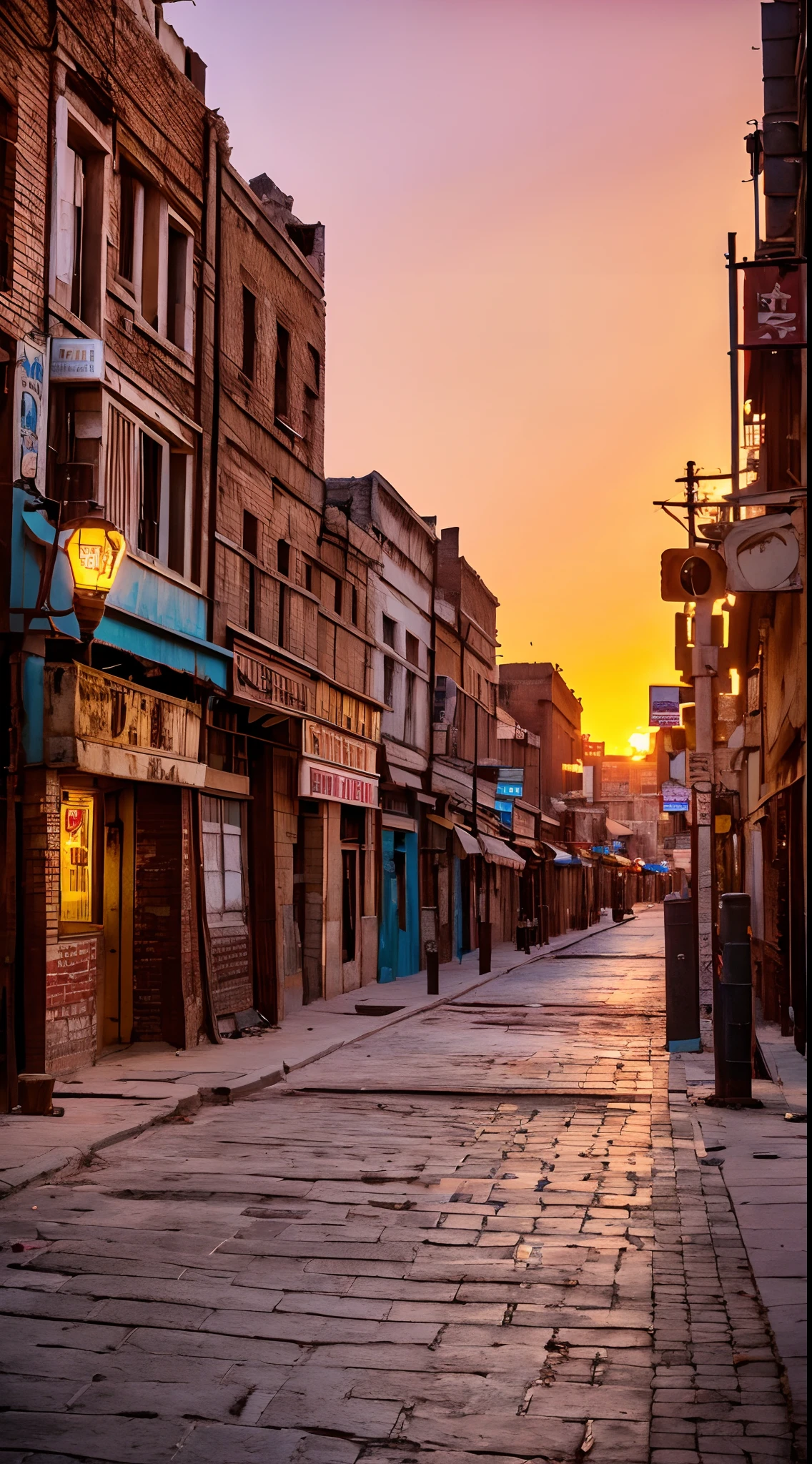(empty old city, sunset, realistic:1.37, highres), vibrant colors, detailed architecture, crumbling buildings, faded signs, rusty lamp posts, dusty streets, soft golden light, nostalgic atmosphere.