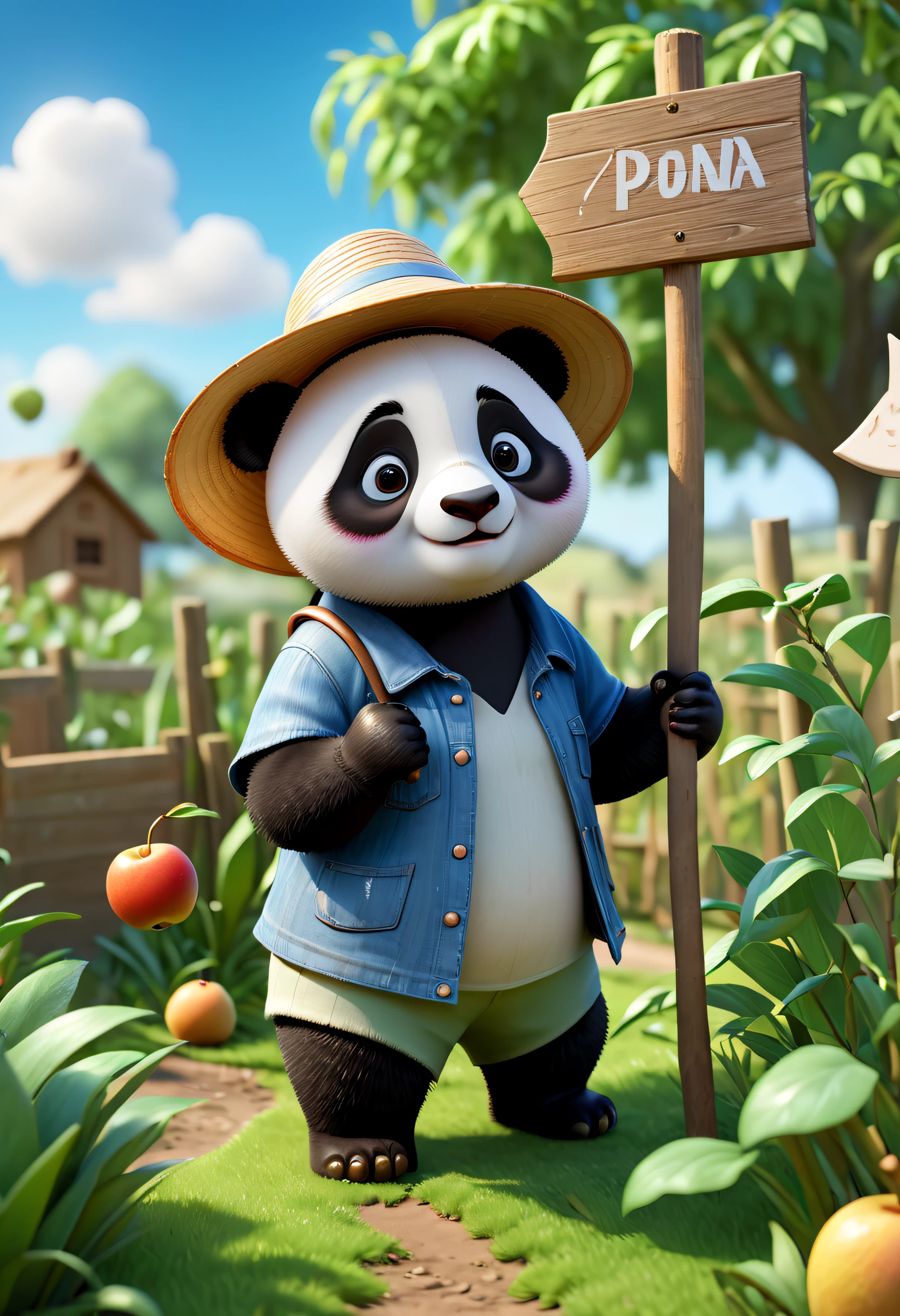 Very realistic 3D rendering scene drawing. The subject is a small panda, wearing a sun hat and farm clothes, With a hoe in hand, working the land,foreground plants, wooden signs, fruit trees, transparent grass, and a blue sky in the background,pixar,IP, blind box, clay material, pastel color, Studio light, front view, octane render, blender, hyper quality, Ultra HD, 8K，lively brushwork, 8k