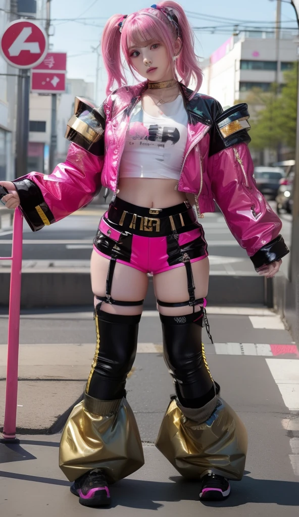 Cyberpunk Female Idol、Good Style、Gold Hair、Shiny Shorts、、Idol face、large full breasts、、、、Colored tights、jaket、Fluorescent pink