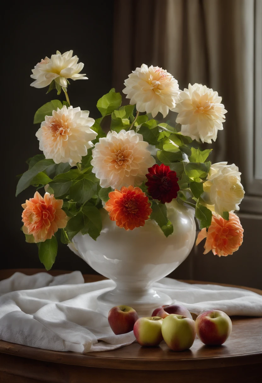 On the table was a vase,There are apples inside, Realistic paintings by Alison Geisler, shutterstock contest winner, Photorealism, Still life photography, dahlia flower, still life with white vase, Magnificent composition, Still Life Photo Gallery, Still life with flowers, dslr photo of a vase on a table, summer morning light, lpoty