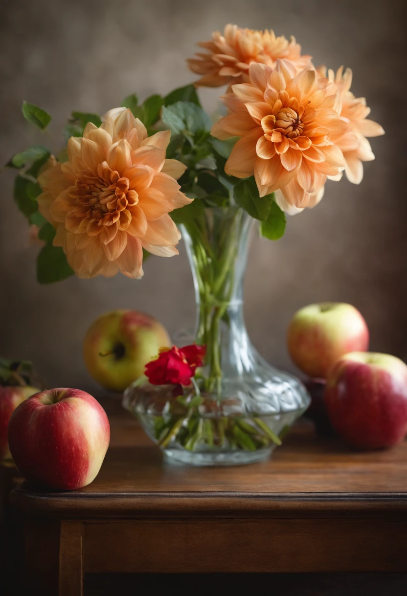 On the table was a vase，There are apples inside, Realistic paintings by Alison Geisler, shutterstock contest winner, Photorealism, Still life photography, dahlia flower, still life with white vase, Magnificent composition, Still Life Photo Gallery, Still life with flowers, dslr photo of a vase on a table, summer morning light, lpoty