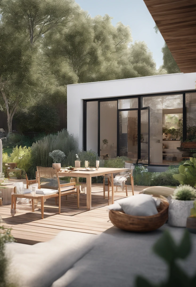 Produce a highly detailed 8K photorealistic rendering of a sunlit garden situated in a suburban backyard. The scene should include a wooden table with a glass top and four intricately designed chairs, each featuring fine textures and realistic materials such as wood and fabric, to achieve the utmost level of photorealism.