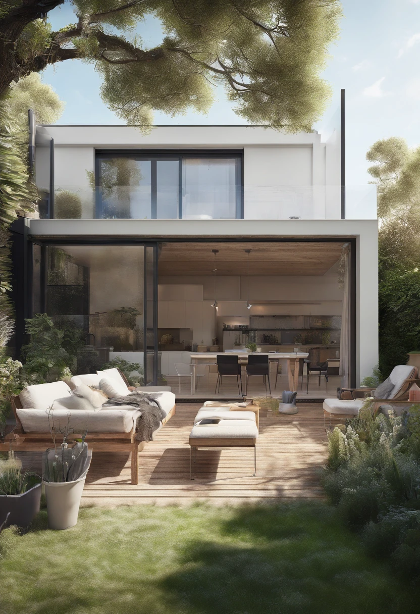 Produce a highly detailed 8K photorealistic rendering of a sunlit garden situated in a suburban backyard. The scene should include a wooden table with a glass top and four intricately designed chairs, each featuring fine textures and realistic materials such as wood and fabric, to achieve the utmost level of photorealism.
