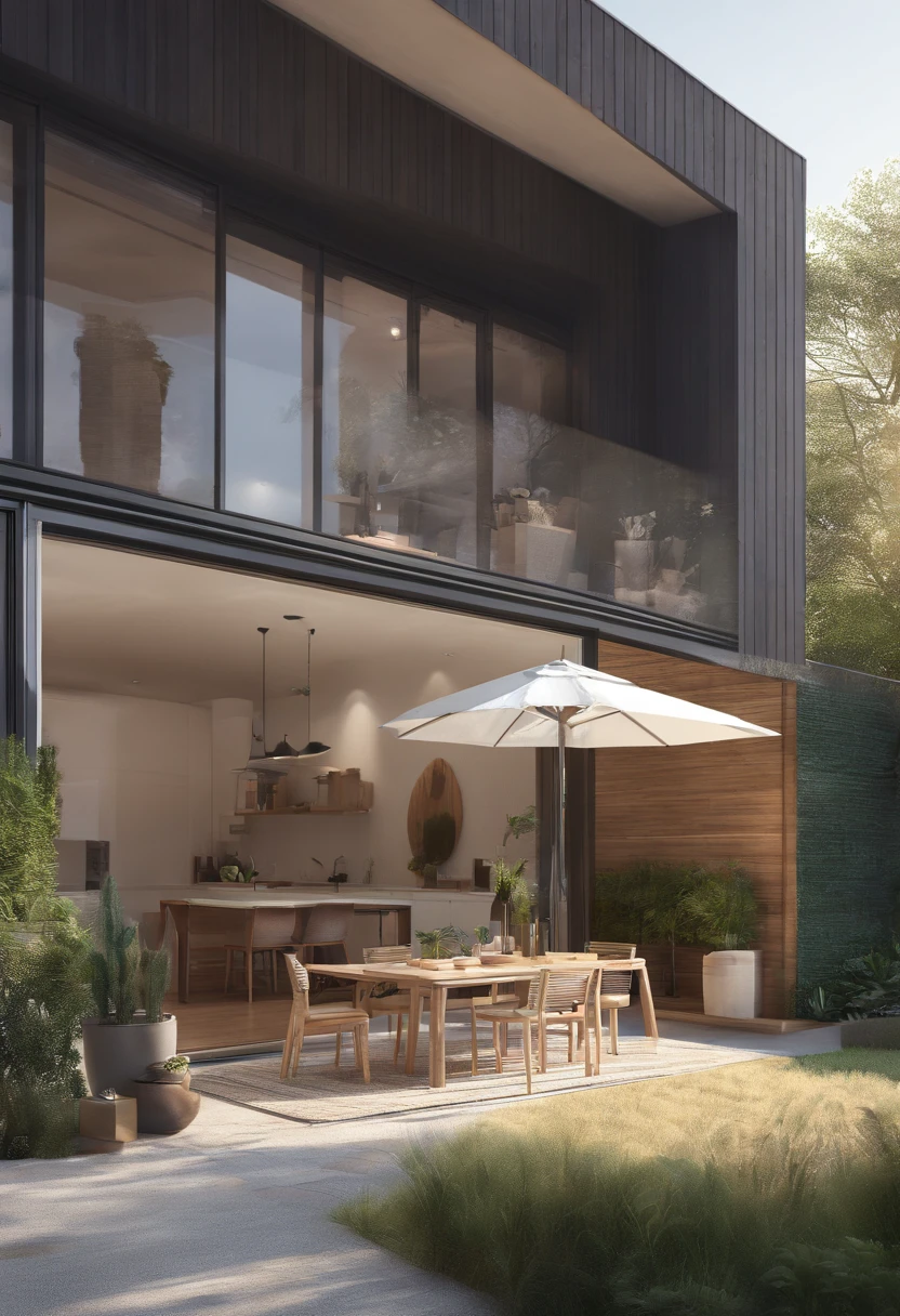 Produce a highly detailed 8K photorealistic rendering of a sunlit garden situated in a suburban backyard. The scene should include a wooden table with a glass top and four intricately designed chairs, each featuring fine textures and realistic materials such as wood and fabric, to achieve the utmost level of photorealism.