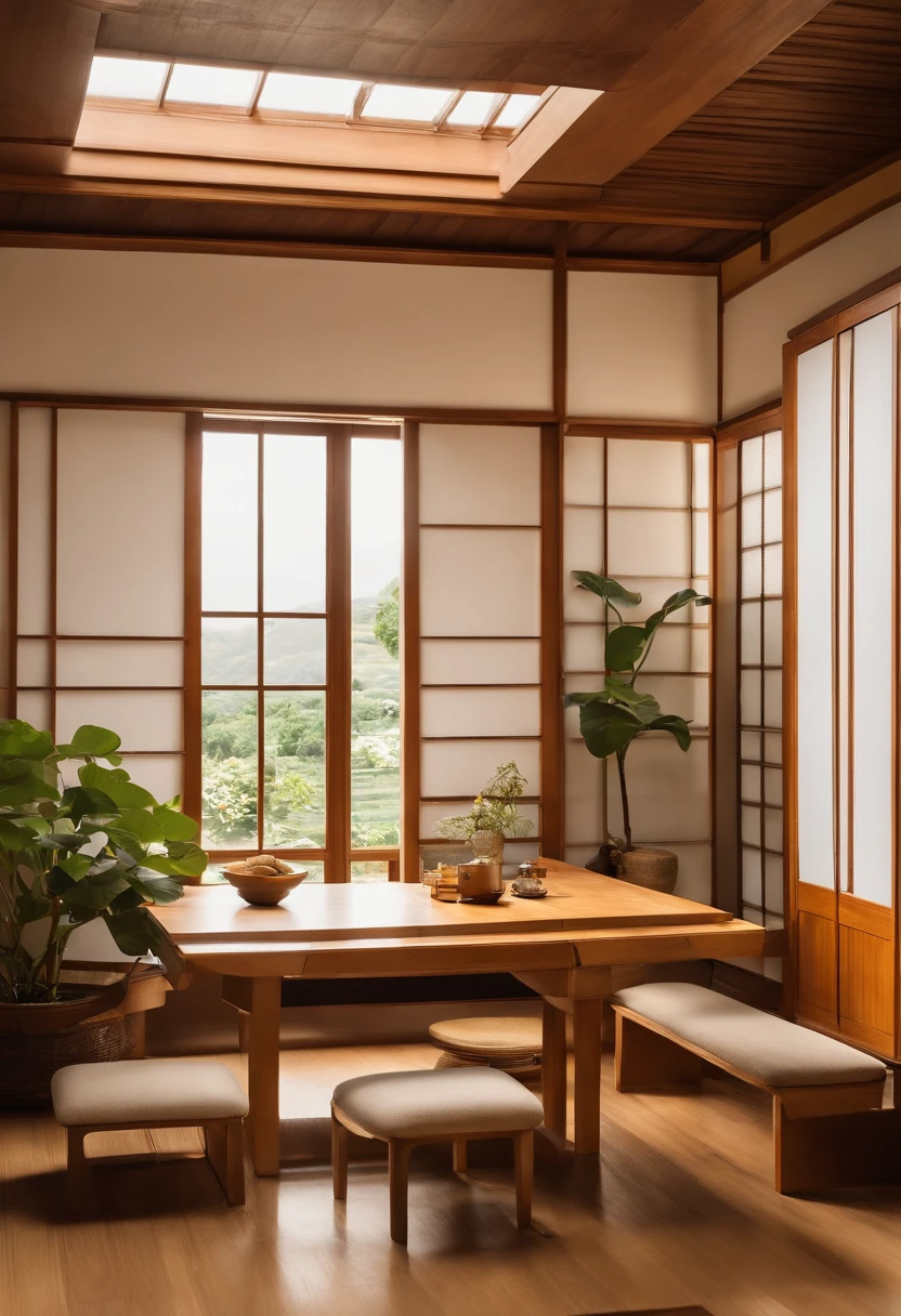 Corner of the living room, a wooden table, Japanese style, minimalist design, white background, overall warm colors,verisimilence,color layers,high quality,hyperfine detail,shot by hasselblasselle,green and yellow, Japanese minimalist style,first-person view,  from above